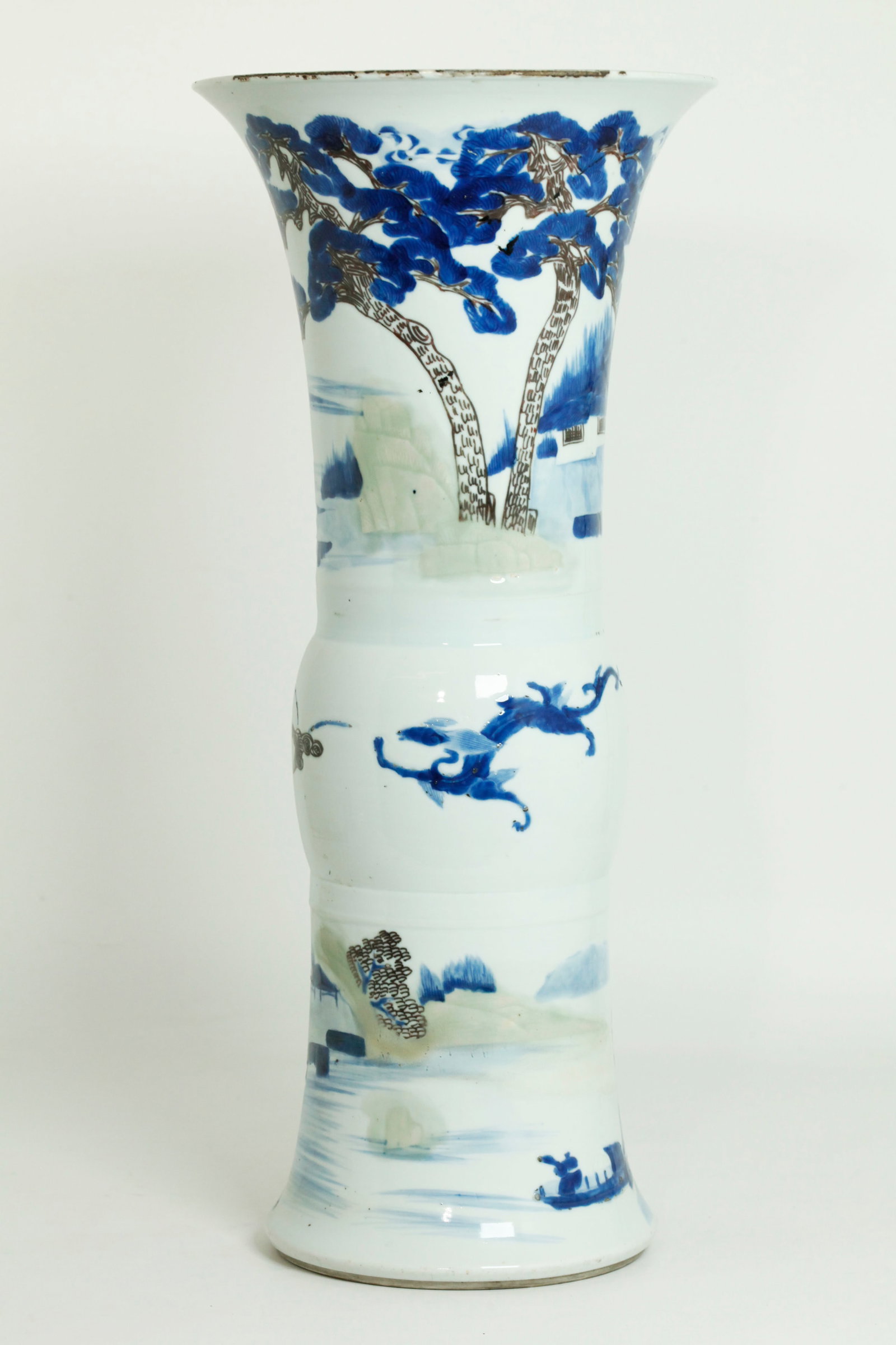 Lg Chinese Kangxi 3 Color Carved Porcelain Gu Vase: Large Chinese Kangxi Period circa 1700, Three Color Carved Porcelain Gu Vase with underglaze red & blue trees, a blue fishing Boat, celadon rocks and blue & red house to flared mouth, 2 Chilong Dragon