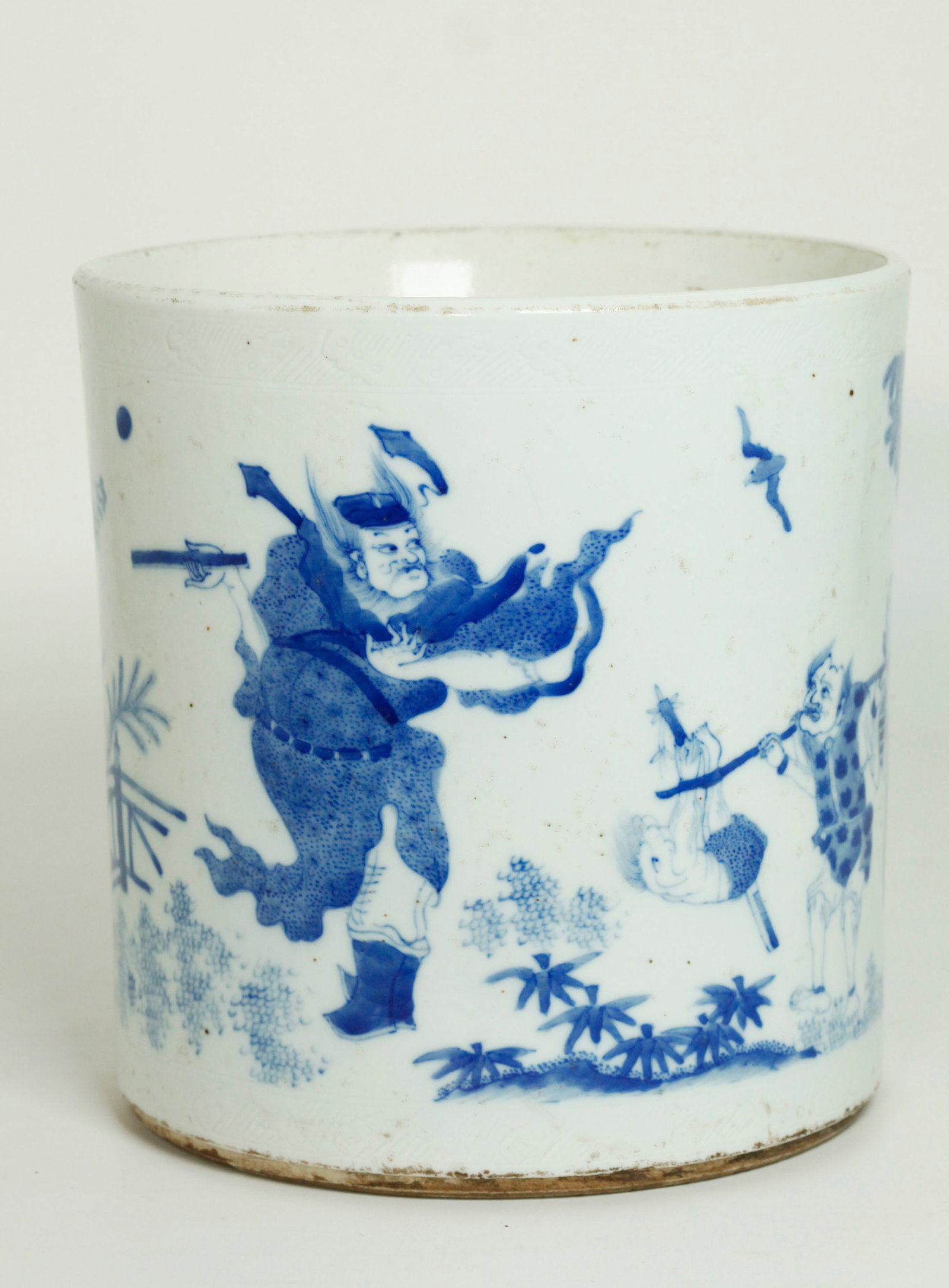 Chinese Blue & White Porcelain Zhong Kui Brush Pot: Chinese Blue & White Porcelain Brush Pot well painted to the front with Zhong Kui in a garden with 2 Deer and a Demon assistant balancing a captive evil spirit and Guqin with Books, the scene between