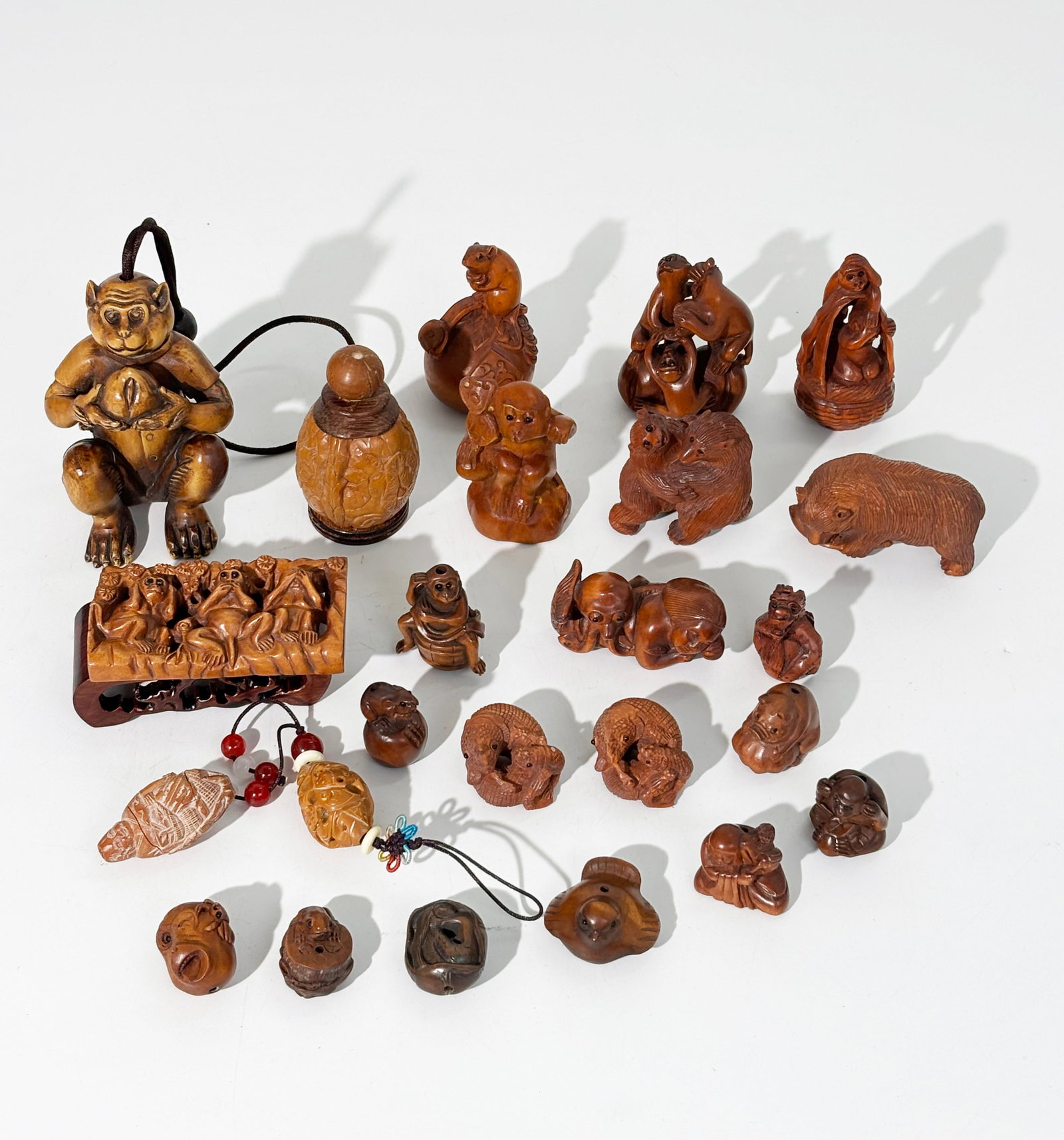 23 Japanese Carved Wood Pieces; Netsuke & Ojime (1 of 8)