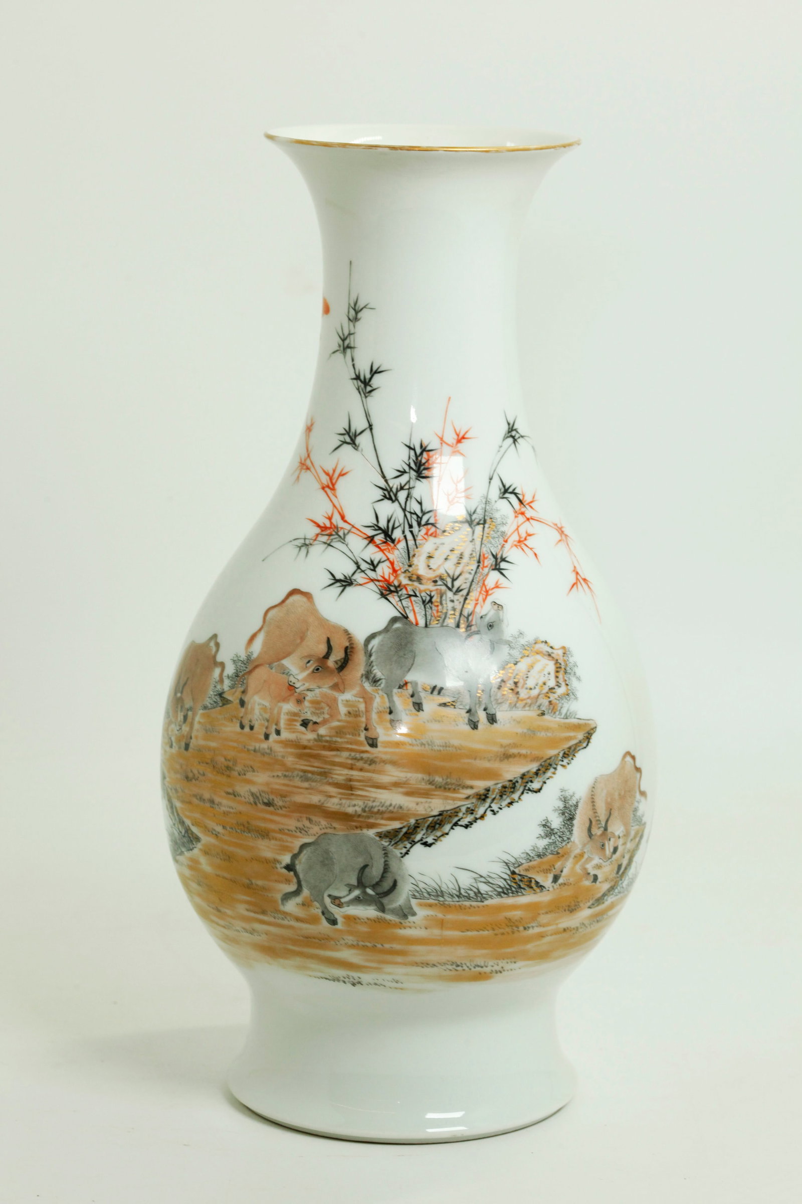 Chinese Porcelain 9 Water Buffalo Enameled Vase (1 of 5)