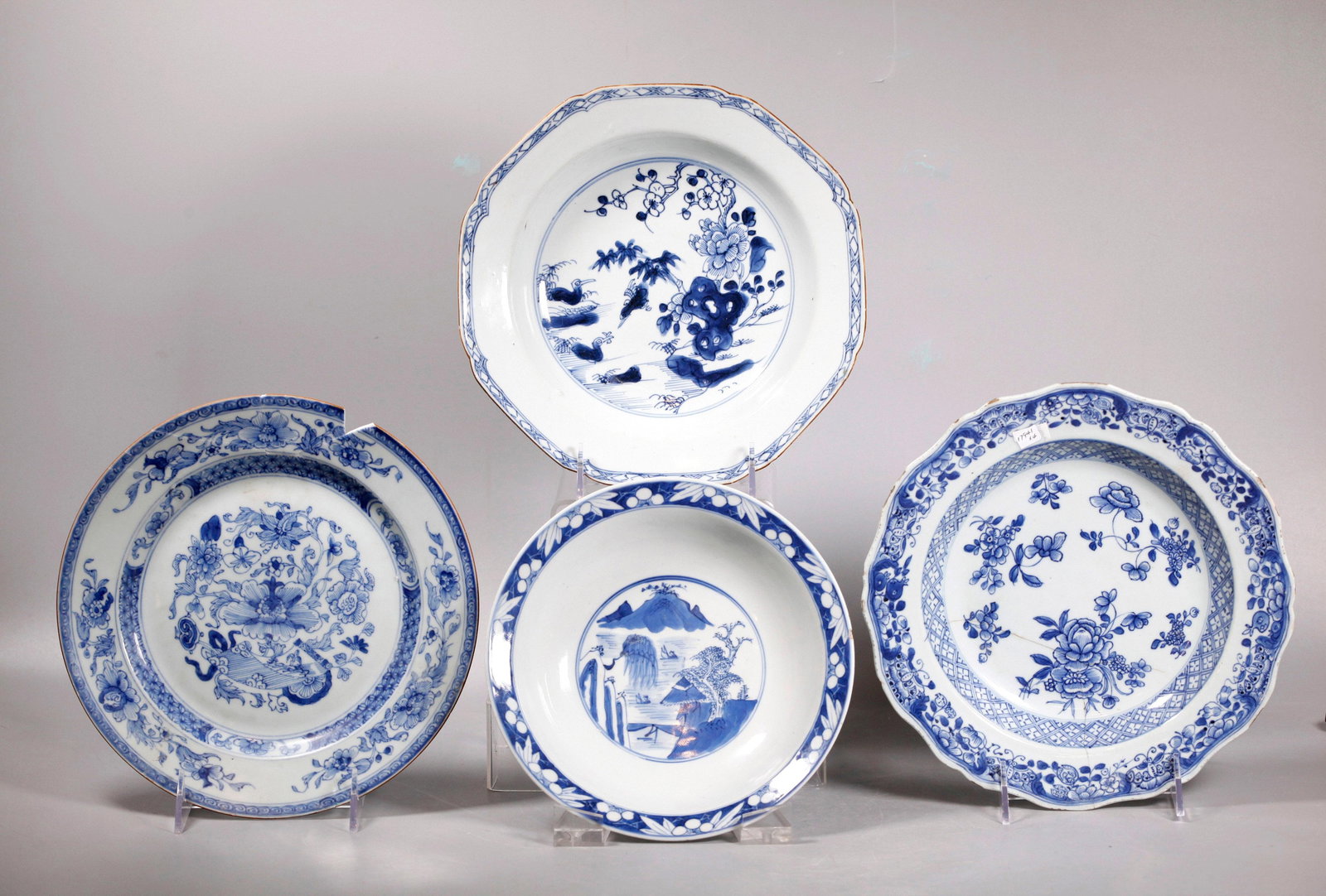 3 Chinese 18C Blue & White Porcelain Plates 1 Bowl: 3 Chinese 18 Century Blue & White Porcelain Plates, each with floral designs; together with one 19 century blue & white porcelain Bowl with a design of Fu, Lu and Shou to the outside, the inside with