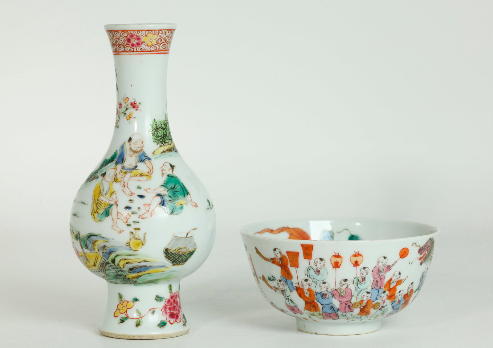 2 Good Chinese Enameled Porcelains; Vase & Bowl (1 of 6)