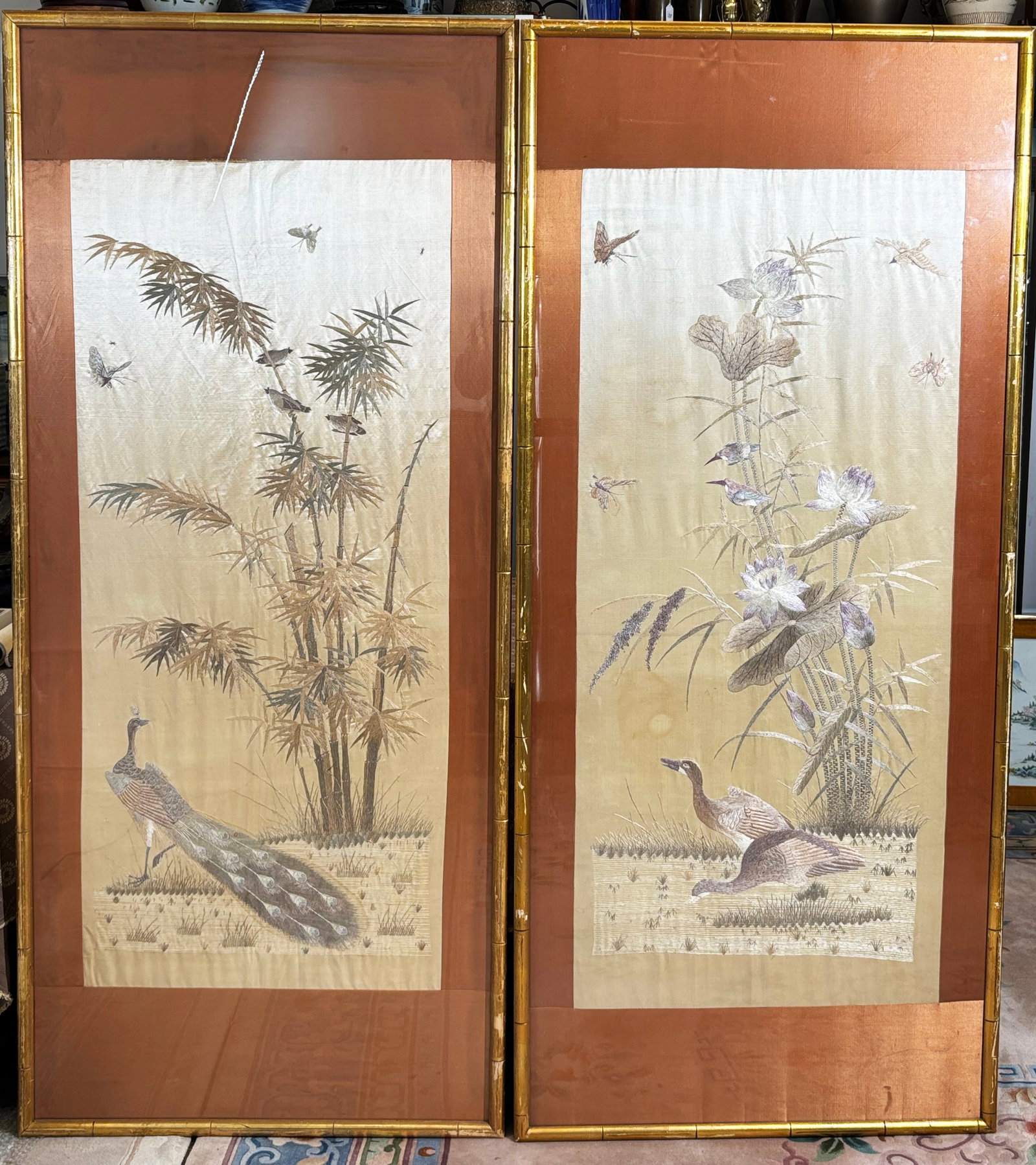 Pr Lg Chinese Silk Embroidery Bird & Flower Panels (1 of 7)