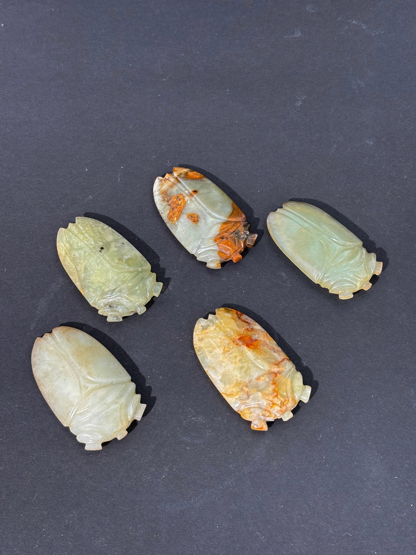 5 Chinese Qing or Earlier Jade Cicada Pendants: 5 Chinese Qing or Earlier, russet to celadon to warm white Jade Cicada Pendants, each with a set of bull-nose holes between the eyes for suspension. Height 2 1/8 inches X width 1 1/8 inches. NOTE: In