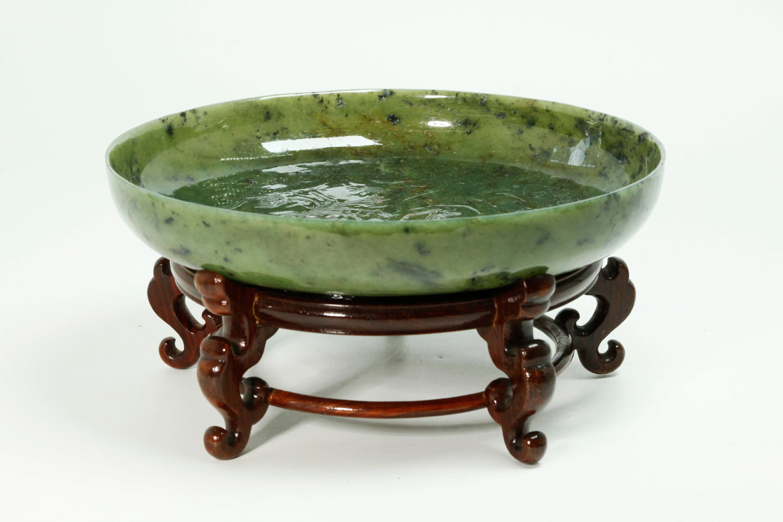 Chinese Green Jade Dragon Low Bowl & Wood Stand (1 of 5)