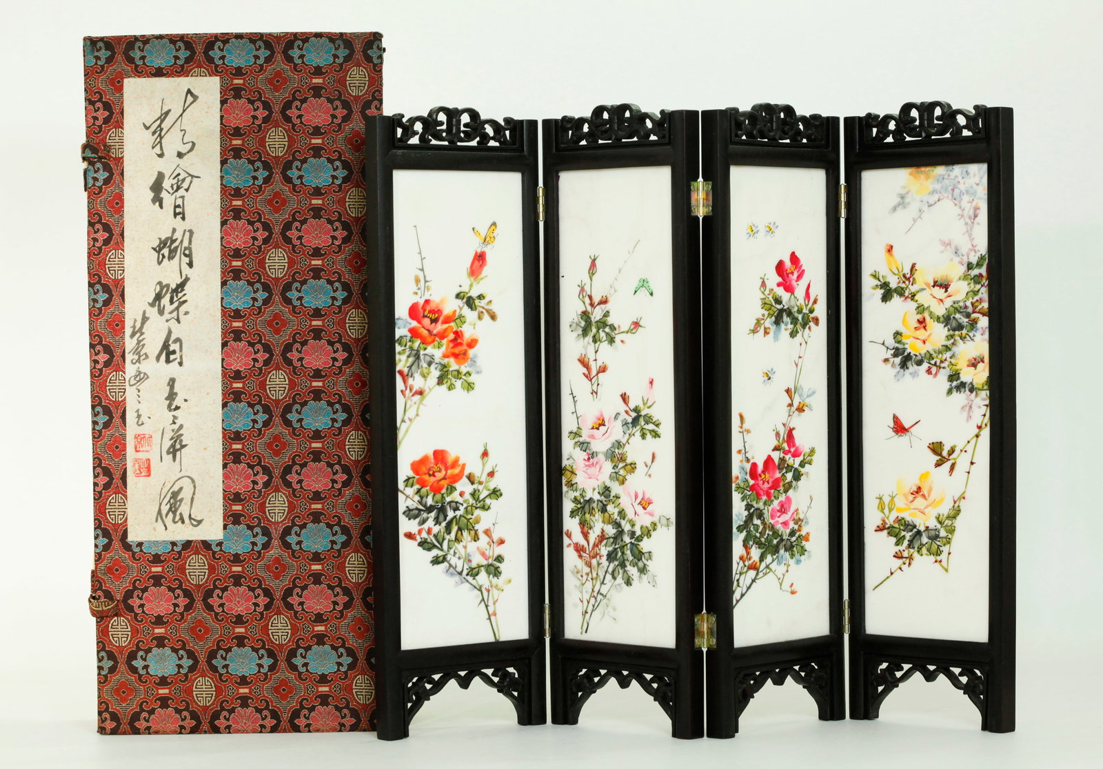 Chinese Painted 4 Panel White Marble Table Screen (1 of 8)