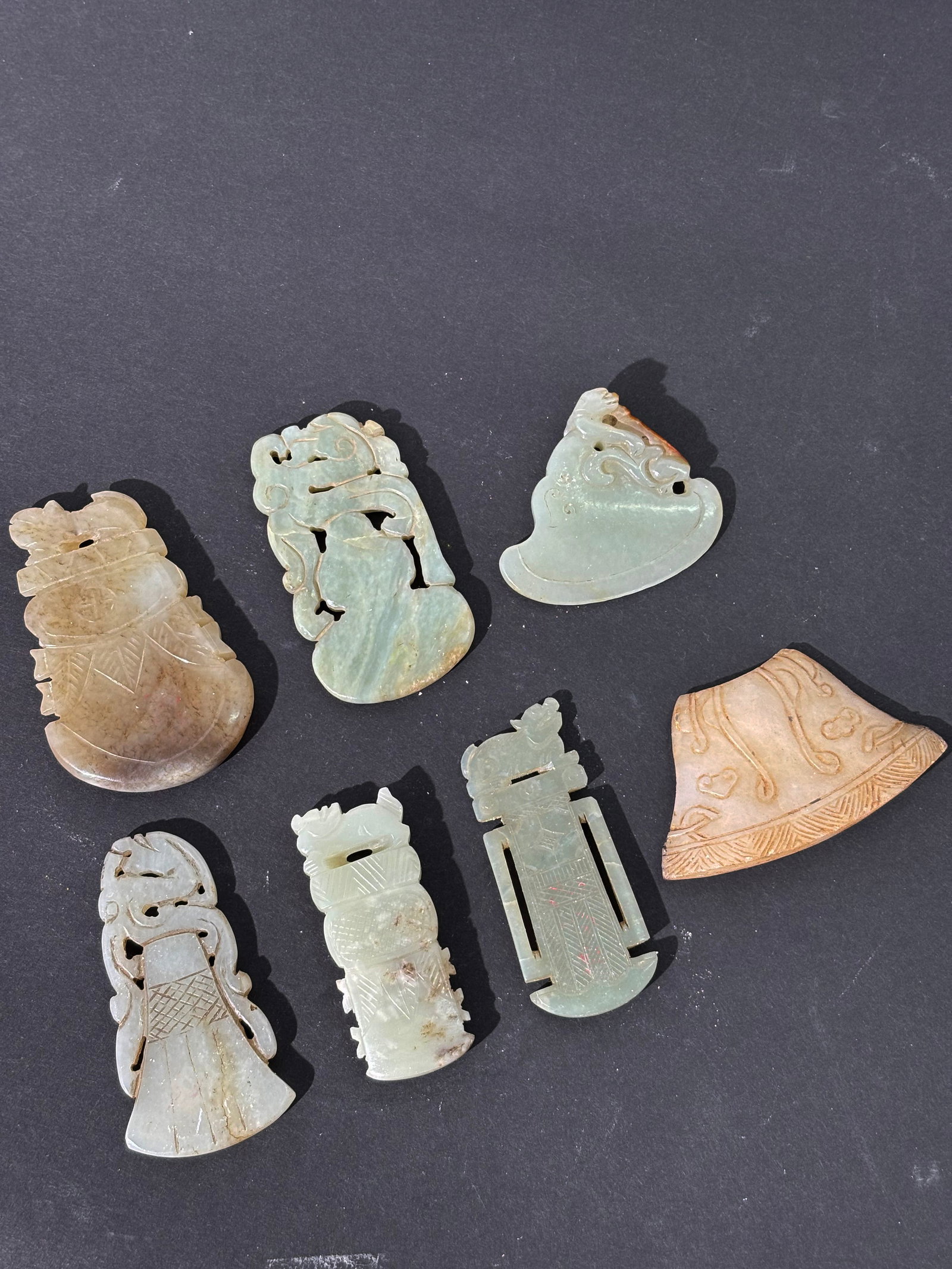 6 Chinese Qing Jade Axe Head Pendants; 1 Plaque (1 of 8)