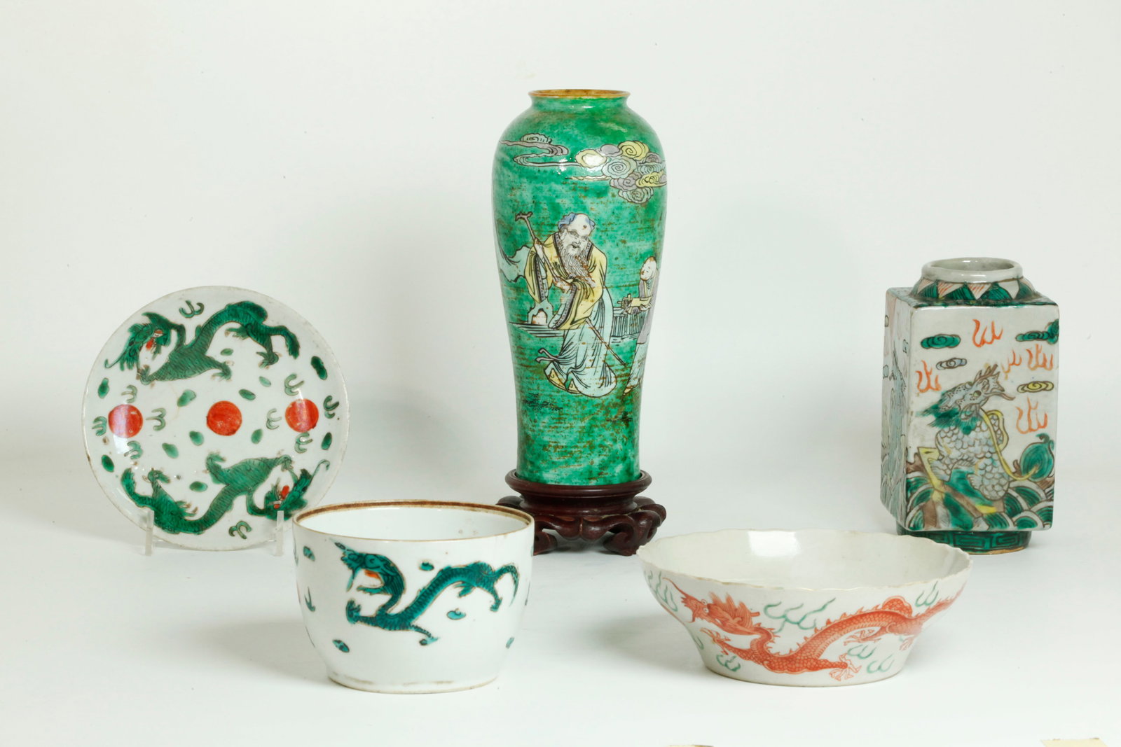 2 Chinese Famille Verte Porcelain Vases & 3 Bowls (1 of 7)