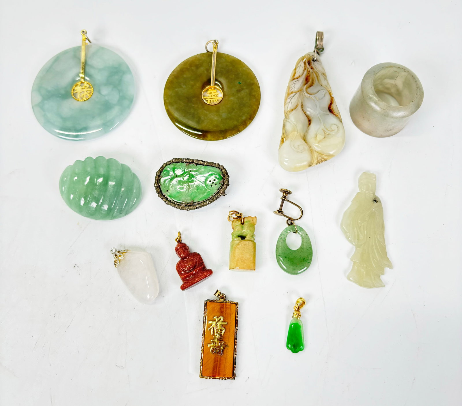 13 Chinese Jade Jadeite Hard Stone & 14K Pendants (1 of 4)