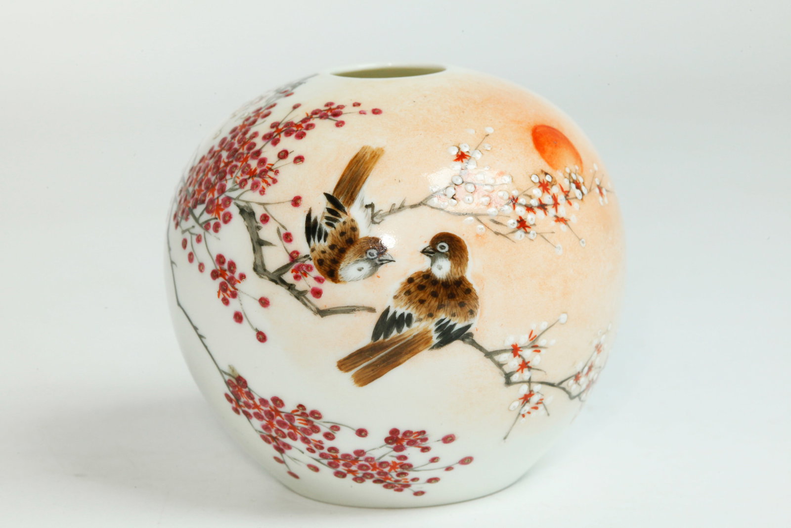 Fine Chinese Enameled Egg Shell Porcelain Vase: Fine Chinese Enameled Egg Shell Porcelain Vase with a design of 2 Birds on branches of berries with calligraphy and red seal, the reverse with further groups of calligraphy; the slightly recessed base