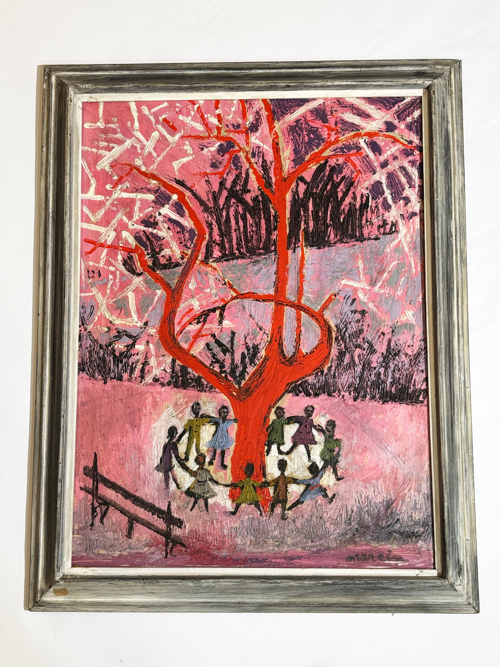 Mid-Century Modern Oil Masonite Children Red Tree: Mid-Century Modern Oil Masonite Children playing Ring-Around the Red Tree on a pink background, signed "MAREIN" to lower corner right recto; framed. Height of art 32 inches X width 24 inches.