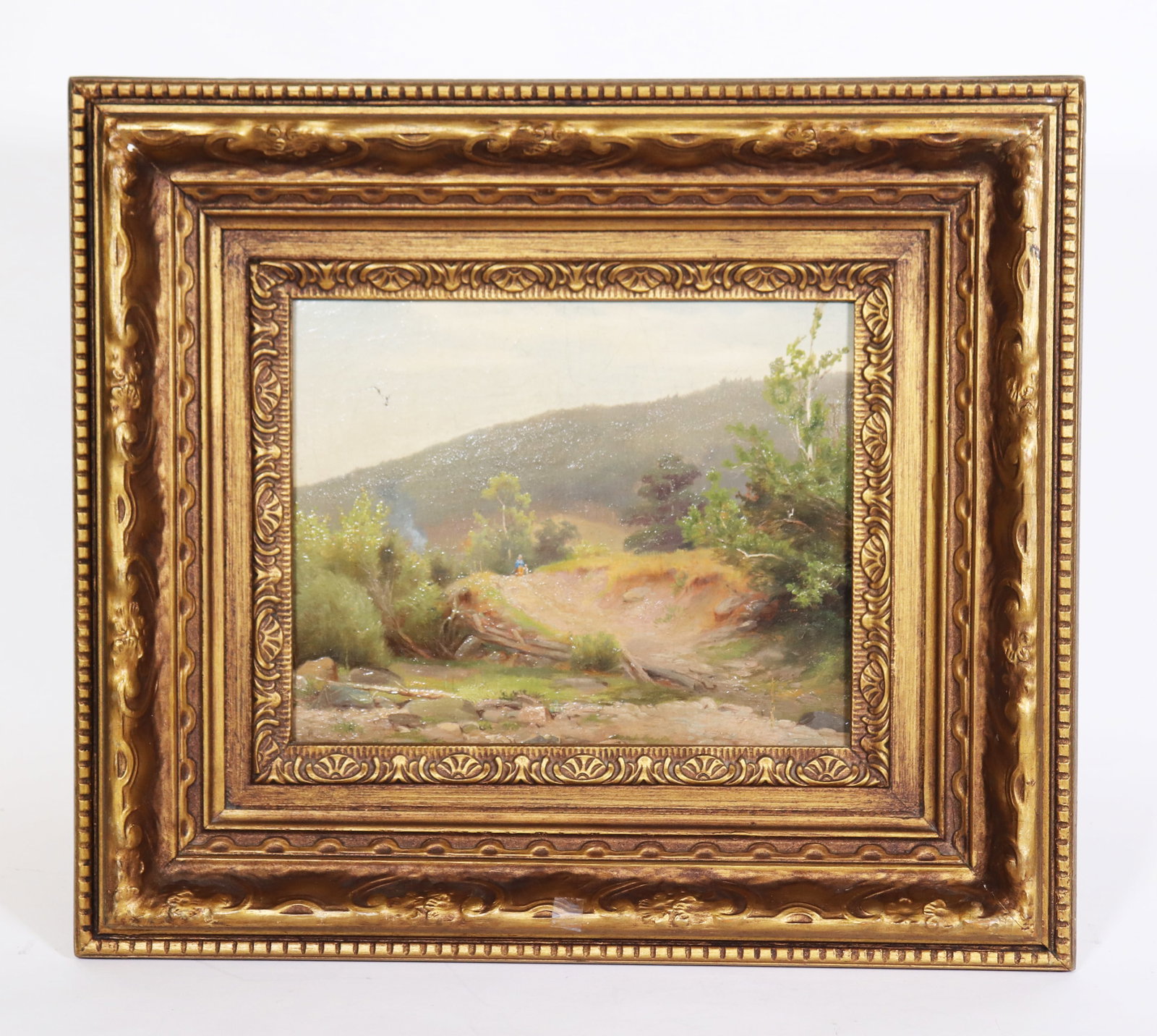 American 19 Century Landscape; Oil Canvas: American 19 Century "New Country" Landscape, Figures approaching stream in the hills; Oil on Canvas mounted to board, unsigned; framed. Height 8 1/4 inches X width of art 10 inches.