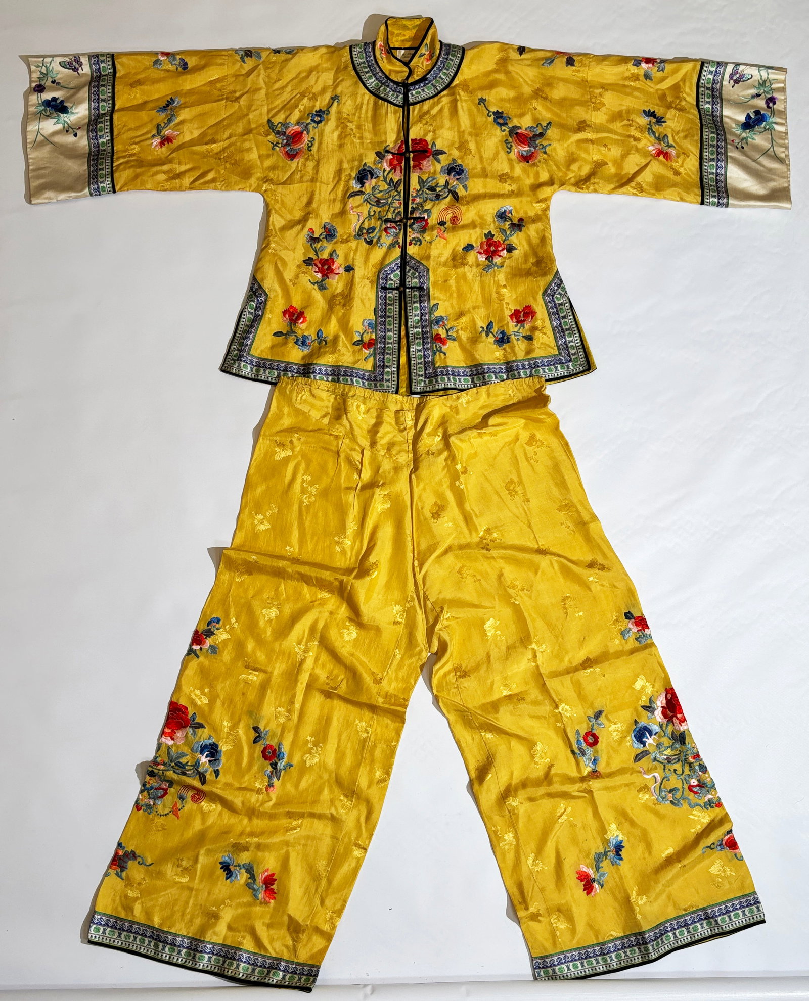 Chinese Qing Dynasty Yellow Damask Coat & Pants (1 of 7)