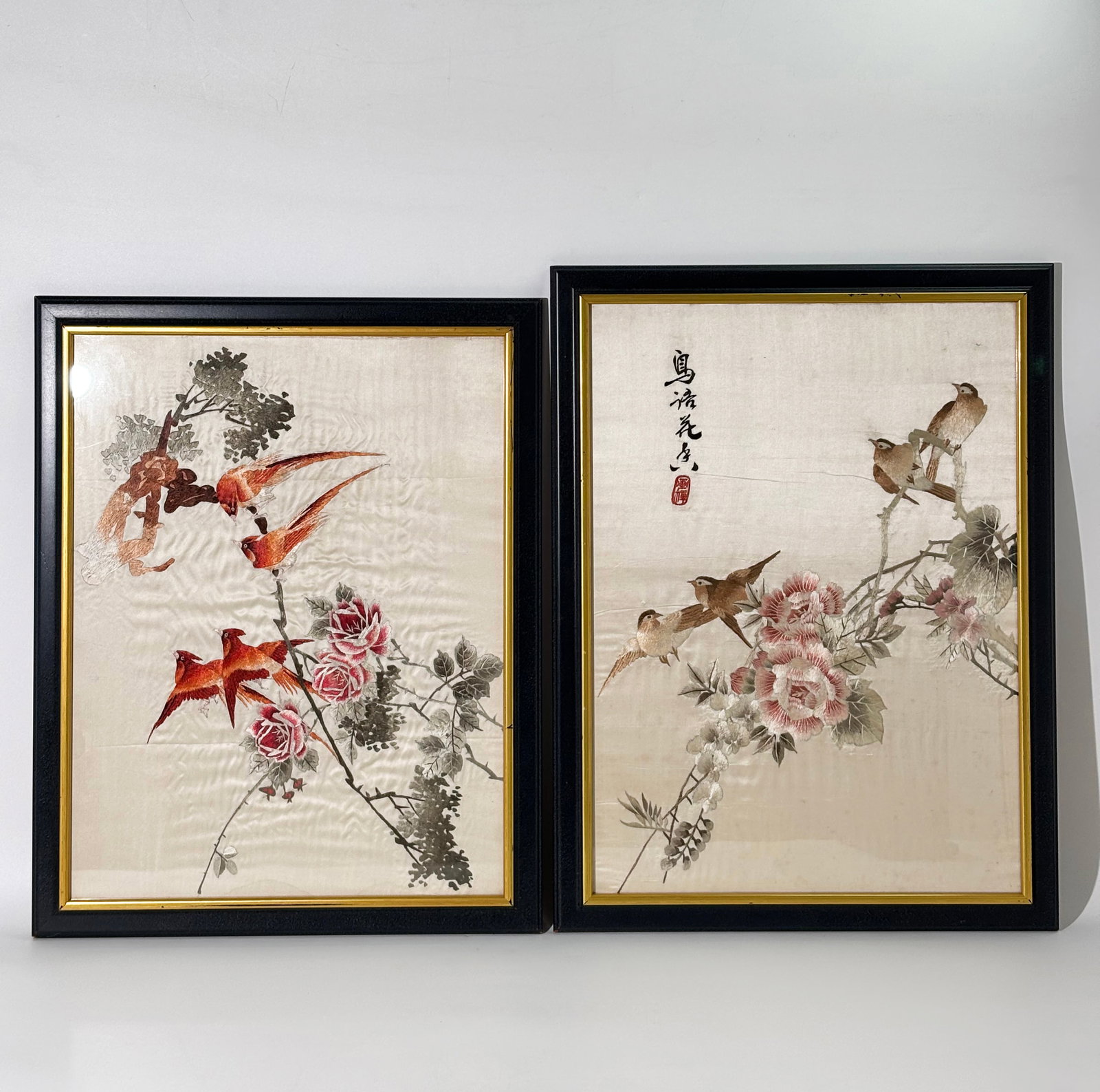 2 Chinese Bird & Flower Silk Embroidered Panels (1 of 6)