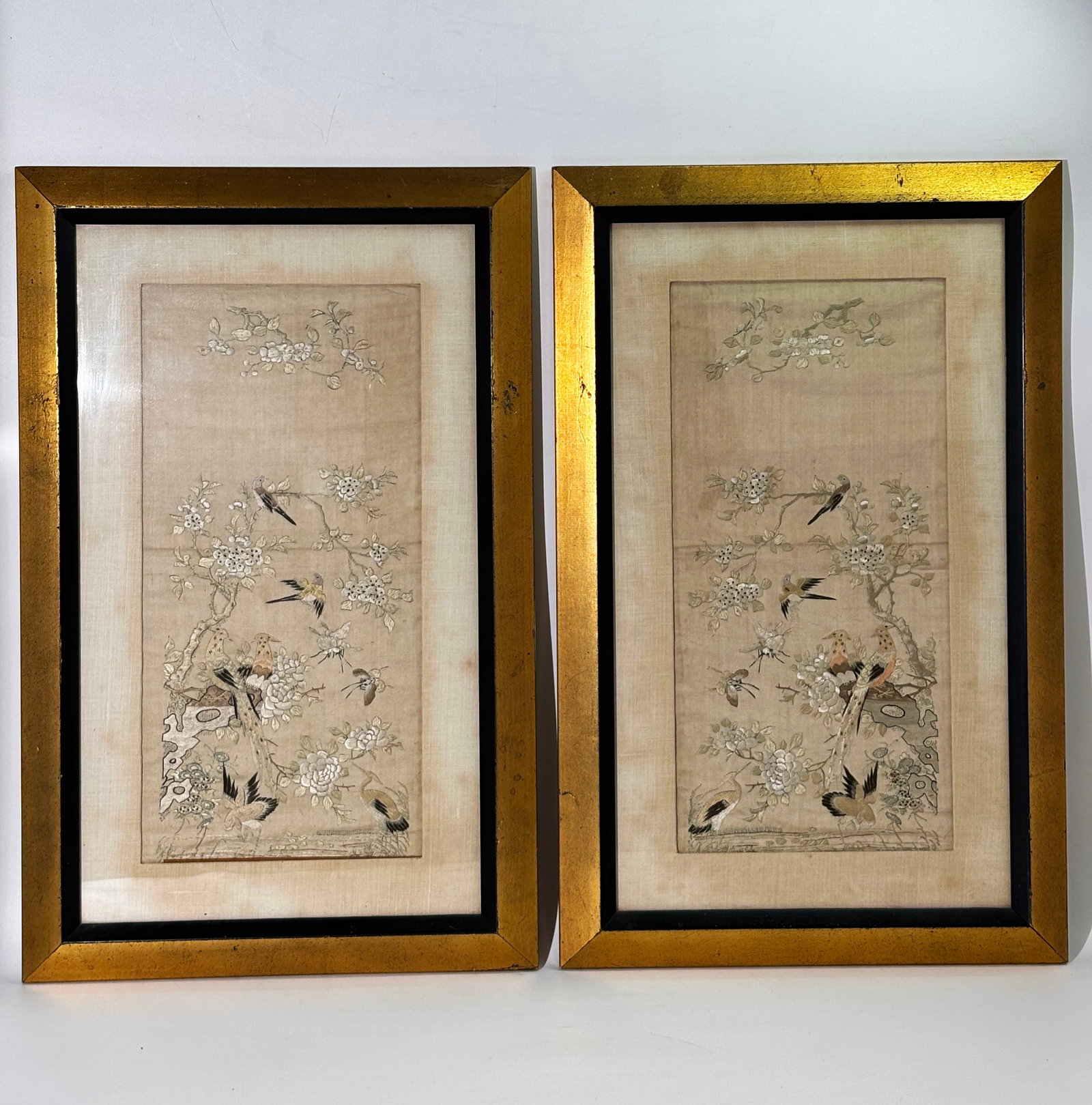 Pr Chinese Qing Embroidered Bird & Garden Panels (1 of 7)