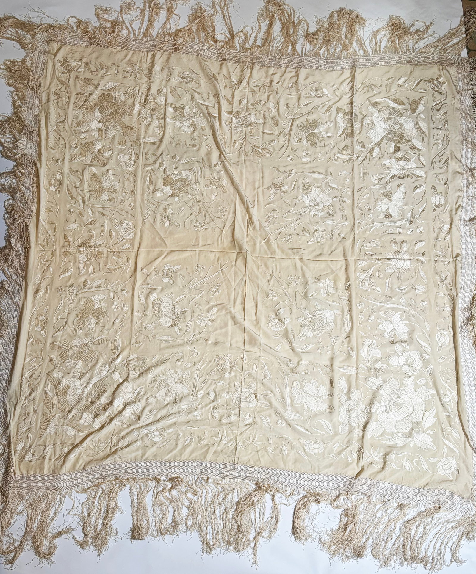 Chinese Qing Embroidered Cream On Cream Silk Shawl (1 of 5)