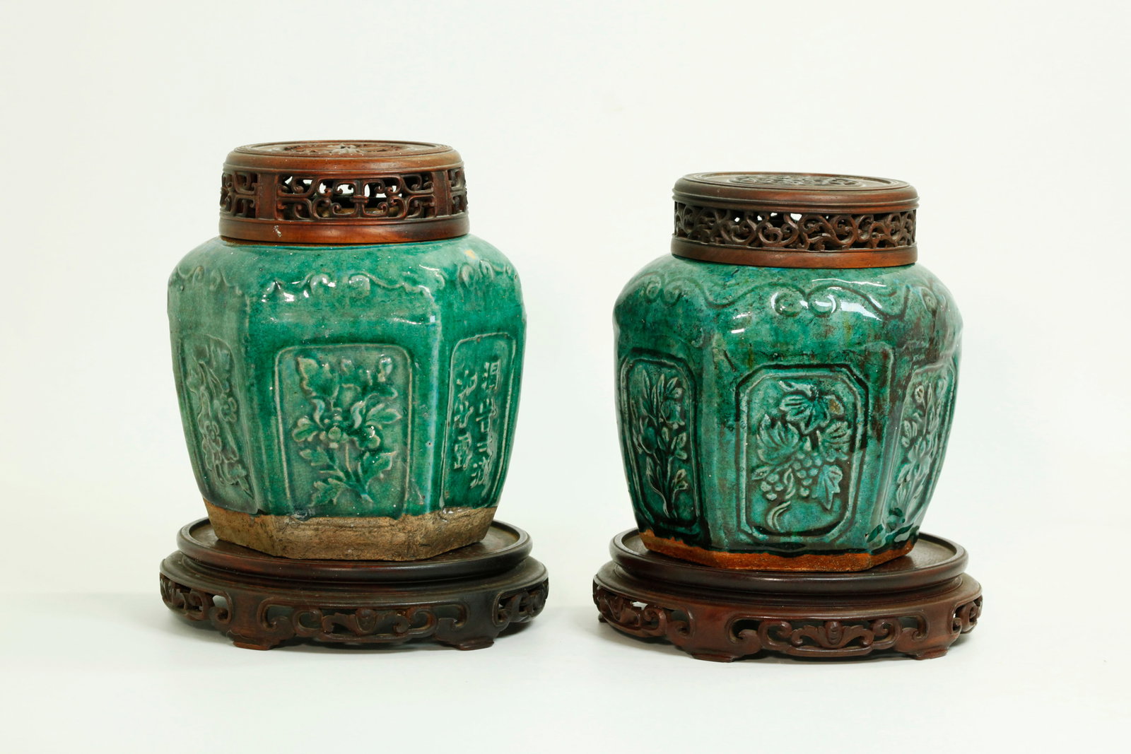 Near Pair Chinese Turquoise Ceramic Hexagon Jars (1 of 6)