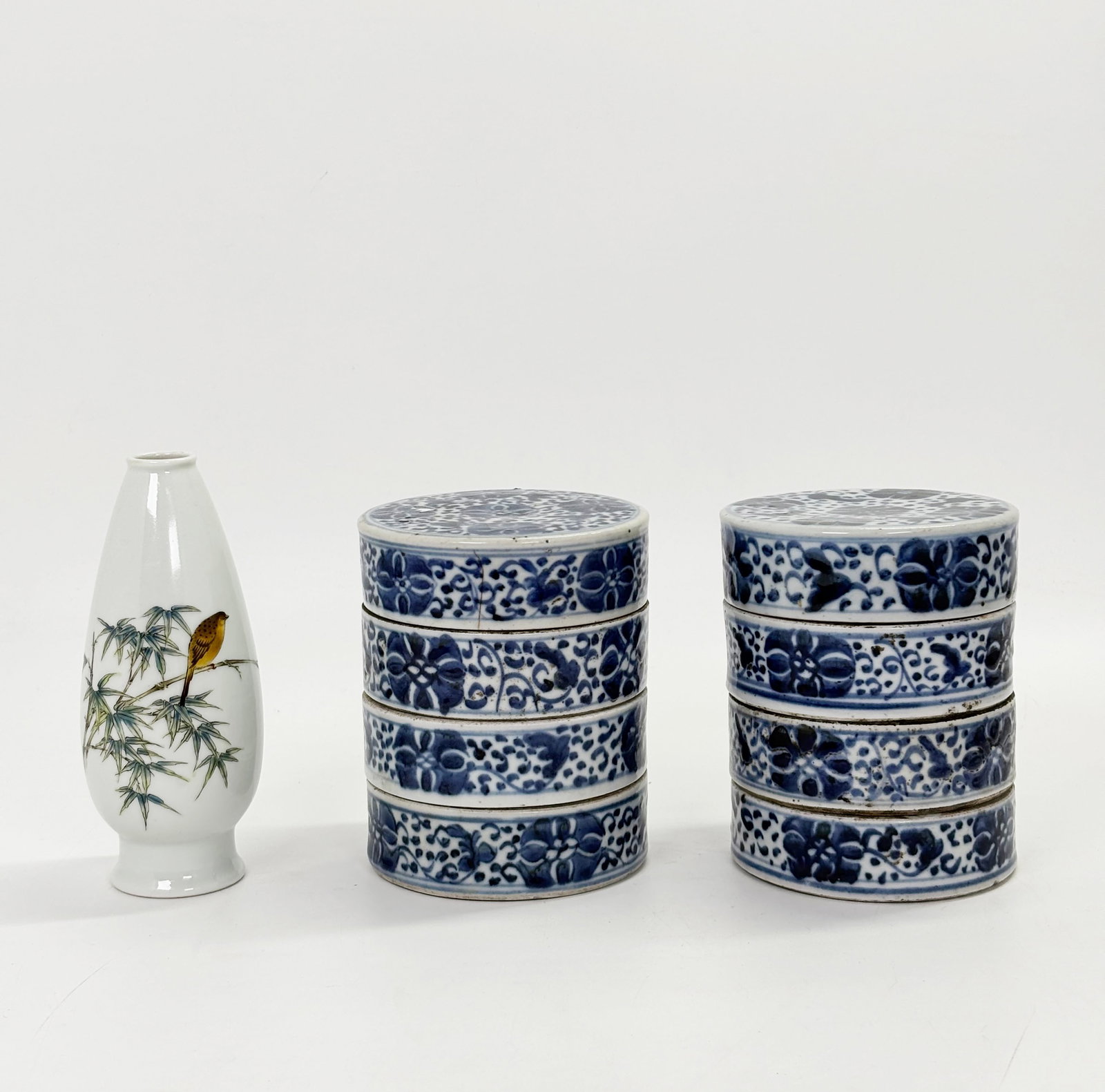 Chinese Enameled Porcelain Vase,Two Round Boxes: Chinese Republic Enameled Porcelain Vase with a design of a Yellow Bird on Bamboo Branch, the reverse with "ink" calligraphy and 2 red seals, iron red seal mark to base. Height 5 3/4 inches (14.5 cm.)