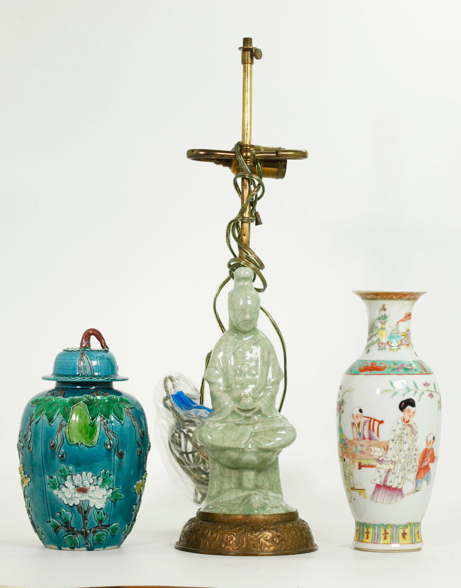 Chinese Melon Porcelain Jar Crackle Guanyin & Vase: Chinese Melon Porcelain covered jar applied and carved with vines, leaves, melons, flowers and 2 butterflies, all enameled in colors on biscuit with cover with stem finial; a Crackle Celadon Guanyin s