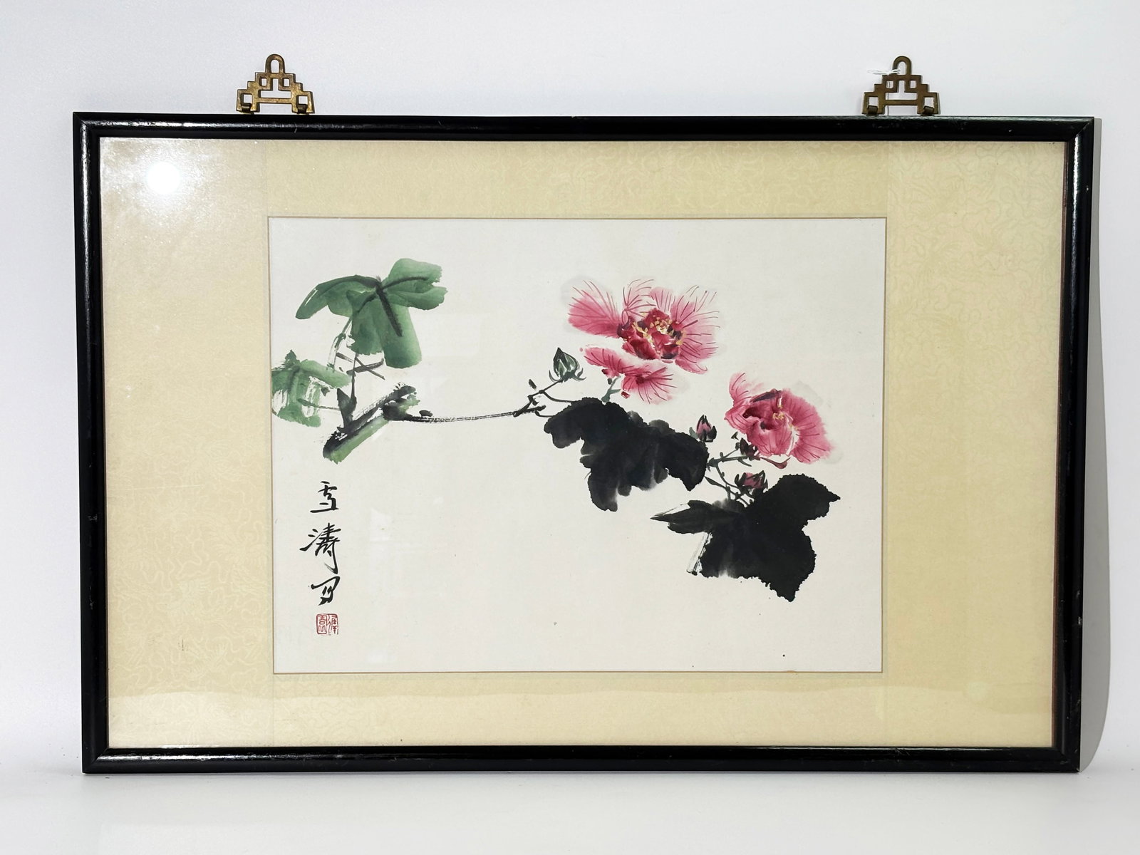 Chinese Artist Print of Flowers & Calligraphy: Chinese Artist Print of Flowers & ink Calligraphy with 1 red seal on paper mounted to silk covered borders & framed to edges of borders. Height of frame 19 inches X width 29 1/4 inches.