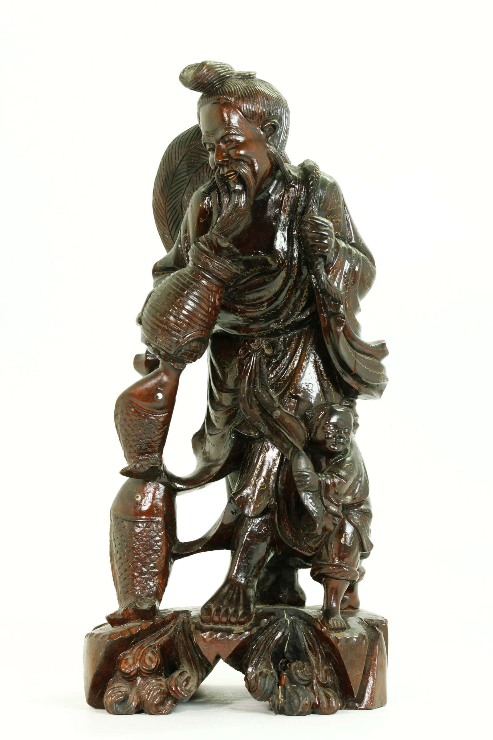 Chinese Hard Wood Fisherman & Boy; Silver Wire (1 of 6)