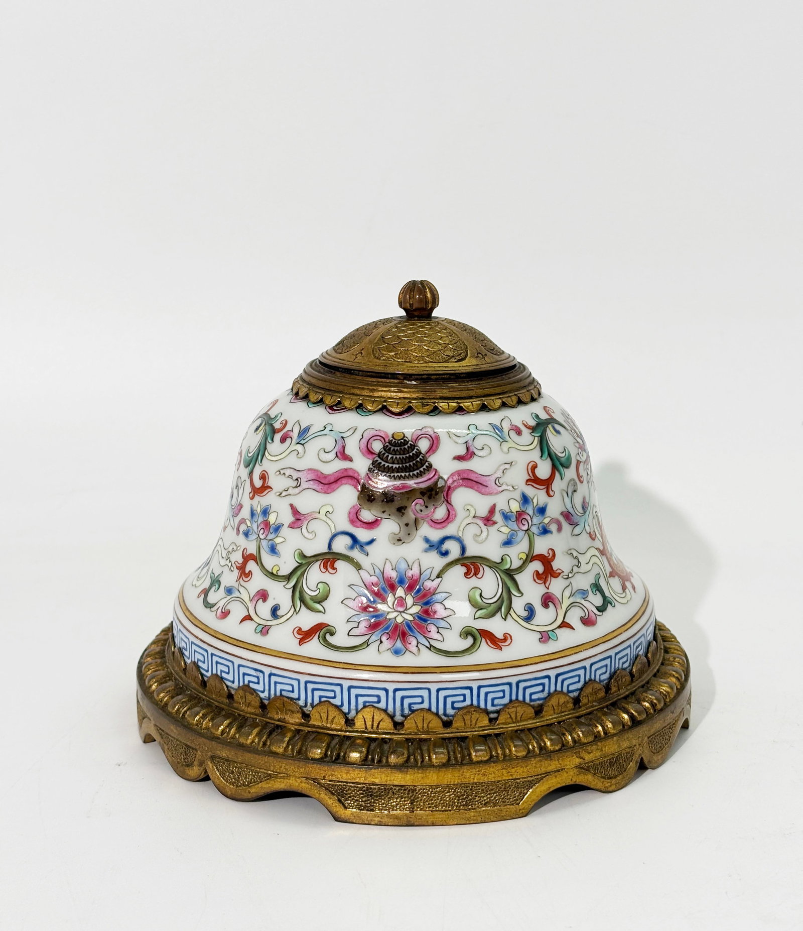 French Bronze Chinese 18/19 C Porcelain Ink Well: French 19th Century Gilt Bronze mounted Chinese enameled 18th/19th Century Porcelain cover with 4 of the 8 Buddhist Emblems with Lotus and scrolling stems & leaves now forming an Ink Well with gadroon