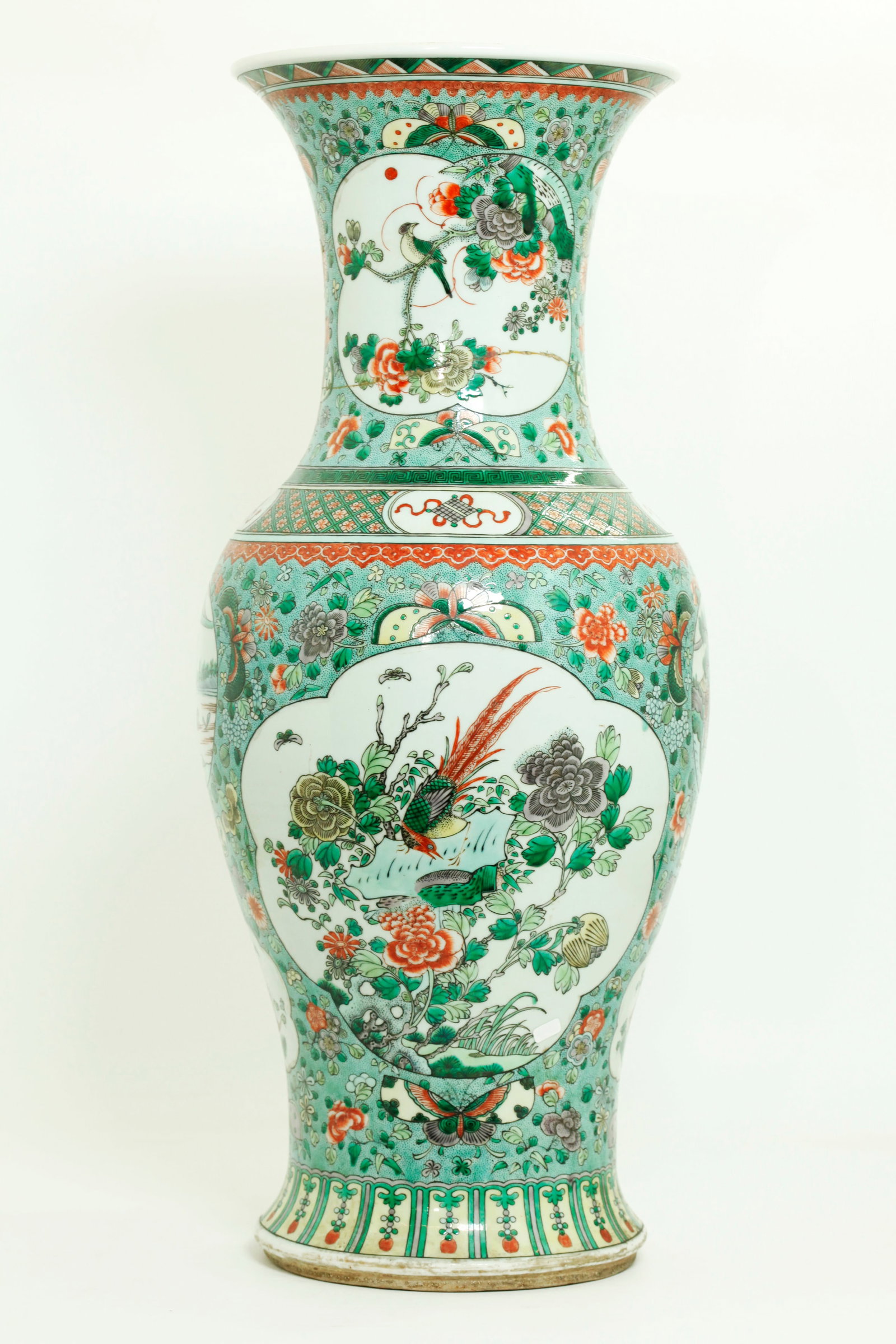 Lg Chinese Famille Verte Enameled Porcelain Vase: Large Chinese Famille Verte Enameled Porcelain Vase with shaped "windows' to body and neck of garden flowers and exotic birds, the sides with smaller windows of landscapes and goldfish; all on grounds