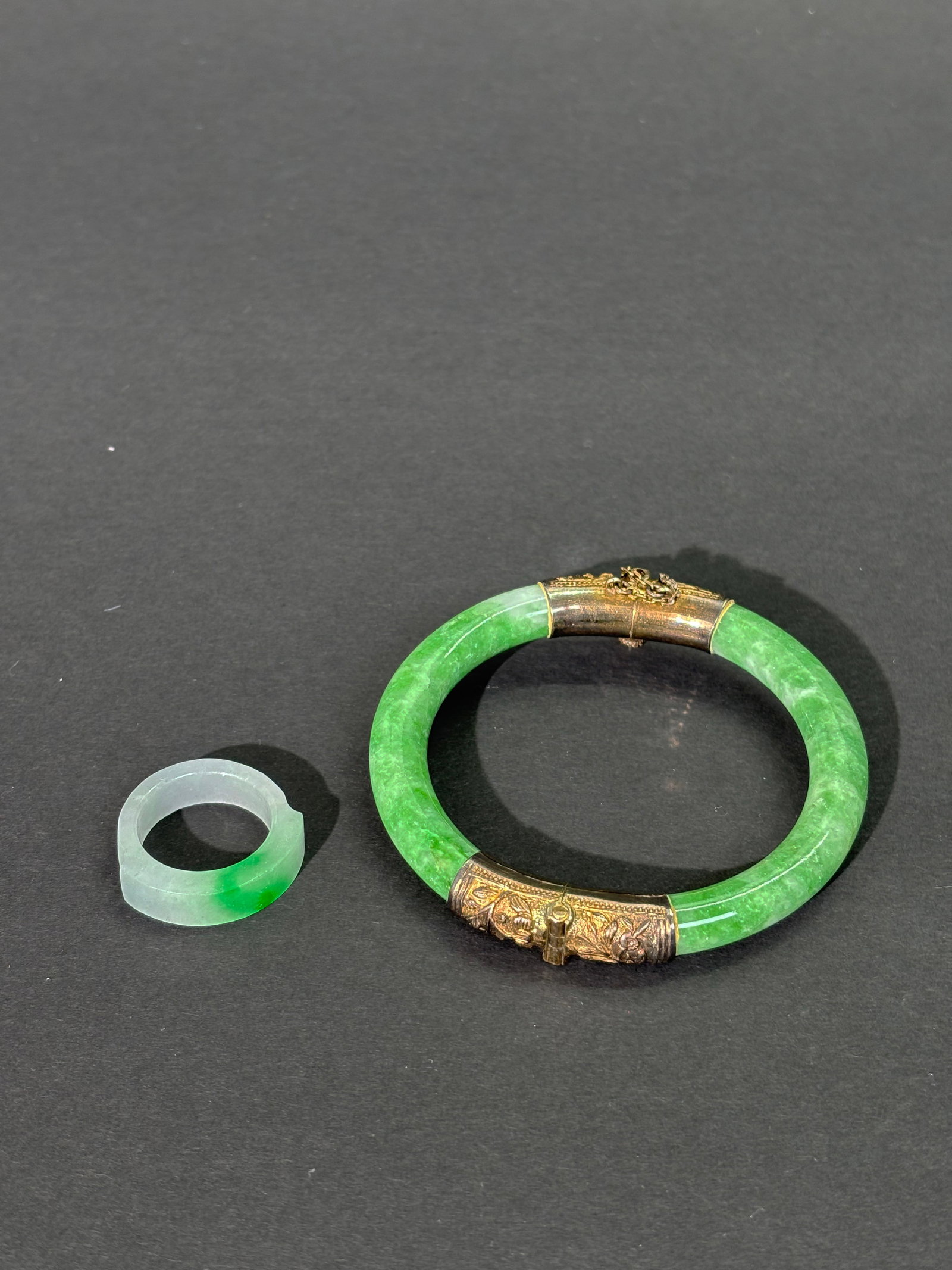 Chinese Green Jadeite Hinged Bangle; Saddle Ring (1 of 6)