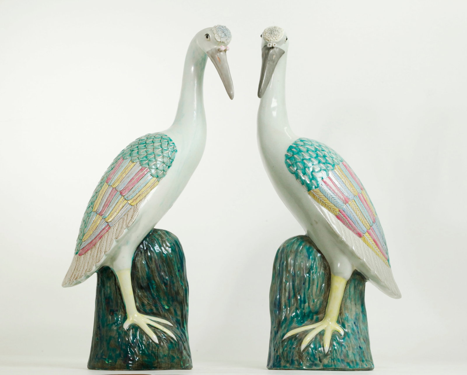 Mirror Pr Chinese Famille Rose Porcelain Cranes: Mirror Pair Chinese Famille Rose enameled Porcelain Cranes mounted on porcelain rocks, one with flat unglazed bottom with small air-hole, the other with open bottom. Height 16 1/2 inches X width 6 1/2