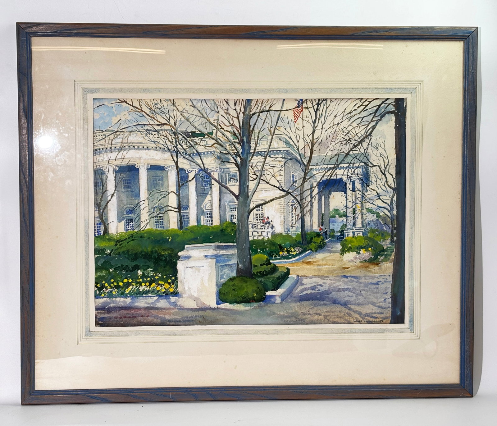 Ralph Fanning; Watercolor "White House" 1954: Dr Ralph Fanning (Long Island, NY, 1889-1971); Watercolor, unidentified "White House" 1954 on paper or board, signed & dated lower right corner; matted with line border and framed. Height 16 3/4 inche