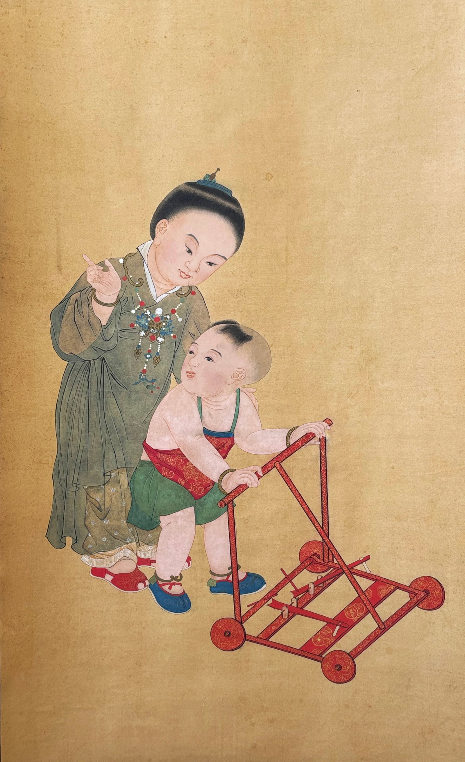 Chinese Ink & Color Silk Painting 2 Brothers & Toy: Chinese Ink & Color Silk Painting mounted to paper as a hanging scroll, 2 young Brothers & 4 wheeled "galloping horse" sound Toy. Height of art inches X width of art inches.