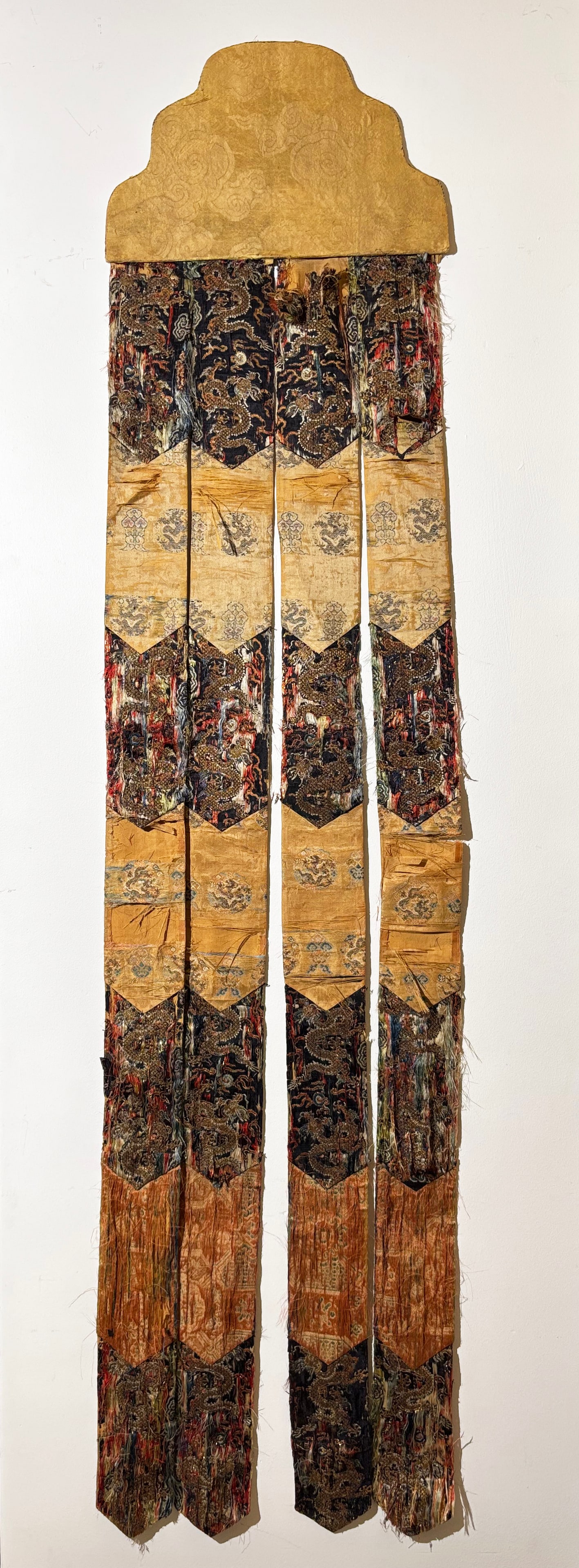 Chinese Qing/Ming Brocade 4-Panel Temple Hanging: Chinese Qing and Ming Dynasty gold thread Dragon Brocades pieced in 7 rows to form a 4-streamer Temple Hanging with Yellow Cloud Damask covered board top. Total height 63 3/4 inches X width 14 1/2 inc