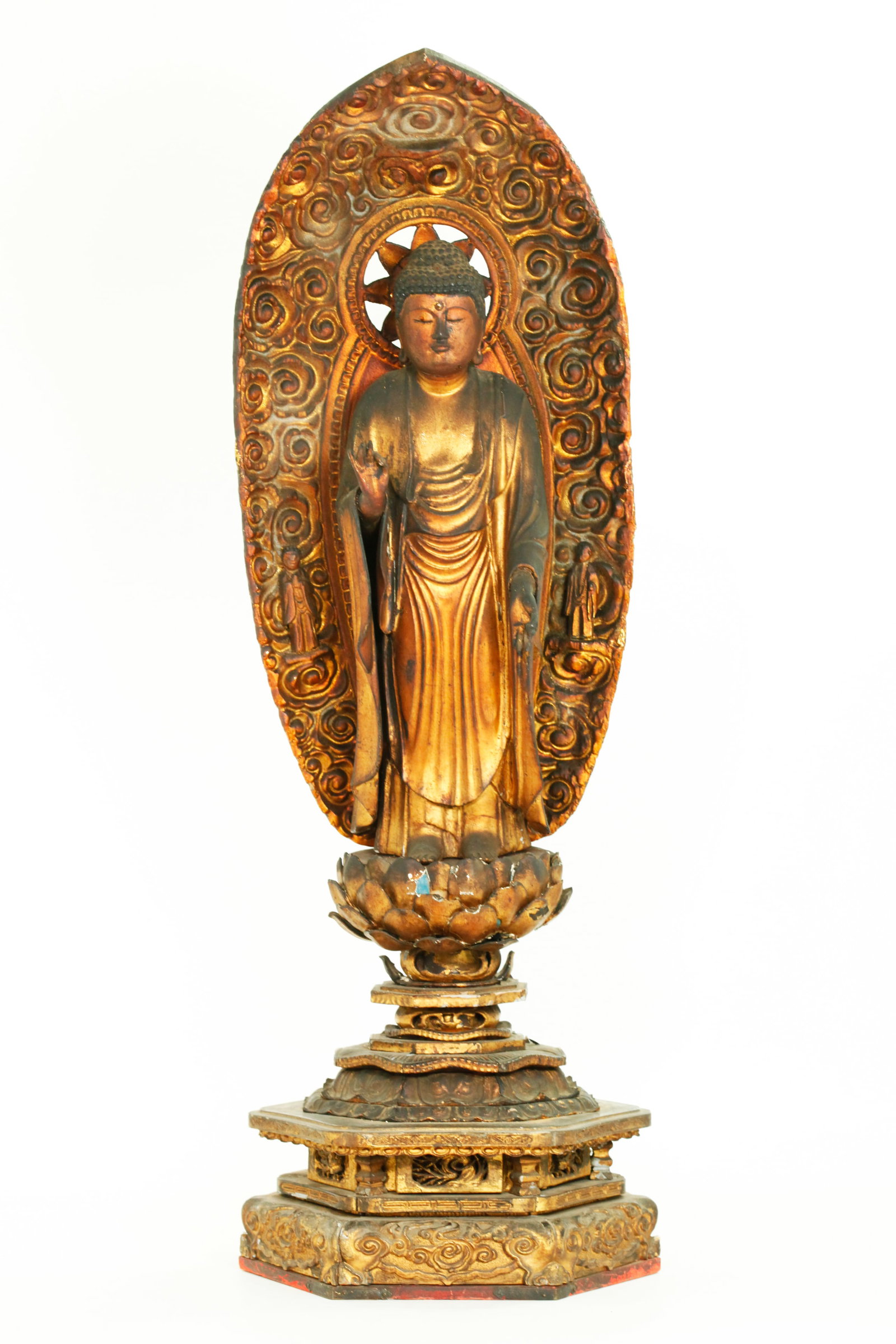 Lg Japanese Edo Gilt Wood Standing Amitaba Buddha: Large Japanese Edo Period (18th/19th Century) Gilt Wood Standing Amitaba Buddha with hands in amida mudra, mounted on a lotus flower over a hexagonal complex stand and with a cloud scroll well carved 