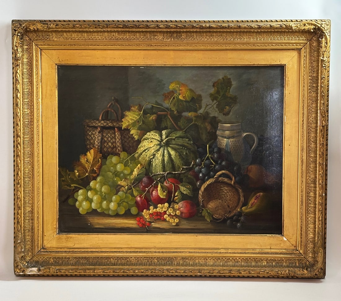 Maria Margetson Harvest Still Life 1878 Canvas: Maria Margetson (1832 - 1896); Autumn Harvest Still Life, signed and dated 1878; Oil on Canvas on stretcher with probably original composite & molded gesso frame. Height of art 18 inches X width of ar