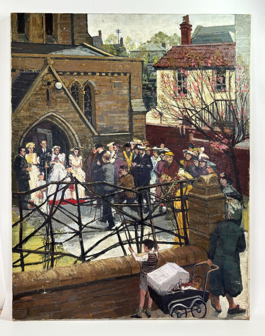 Oil Illustration; Great Britain Armistice Wedding: Oil on Canvas on stretcher; Illustration, Great Britain WW2 Armistice Wedding; the reverse with "examination No 6249" and a partial examination label probably from the Ministry of Information. Height 