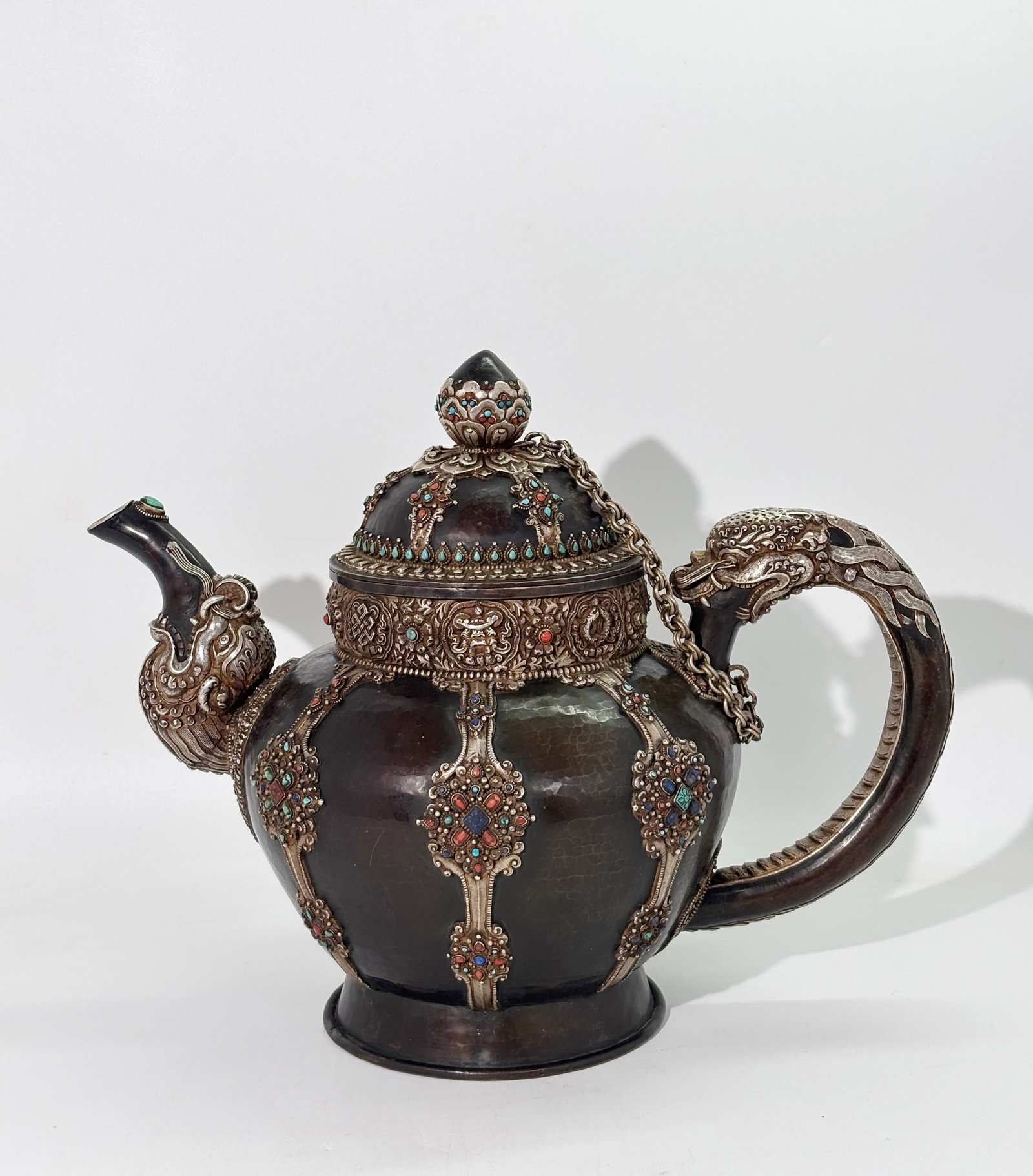 Fine Lg Tibetan Copper Jeweled Silver Ritual Ewer (1 of 9)
