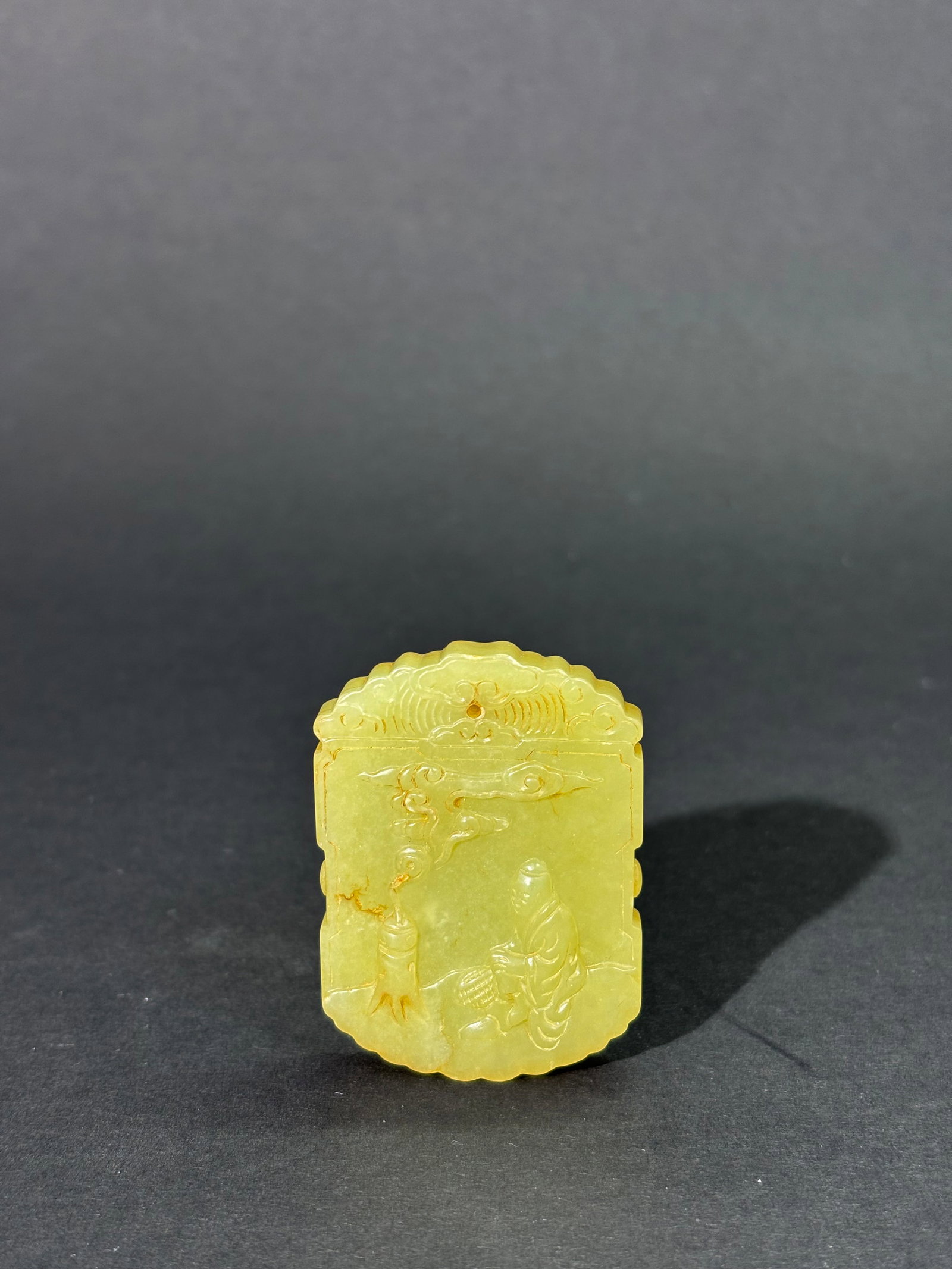 Chinese Thick Greenish-Yellow Jade Scholar Pendant: Chinese Thick Greenish-Yellow Jade rectangular Pendant carved to the front with a seated Scholar and censer on tree stump with escaping incense,the reverse with 4 character seal calligraphy, the top w