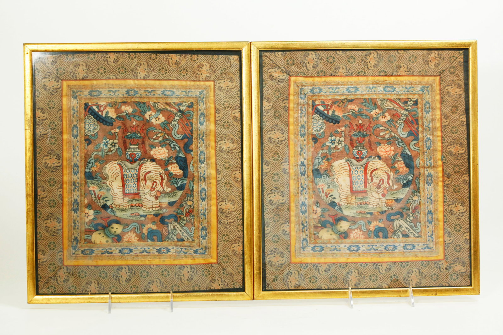 Pr Chinese 18th C Kesi White Elephant silk Panels (1 of 6)