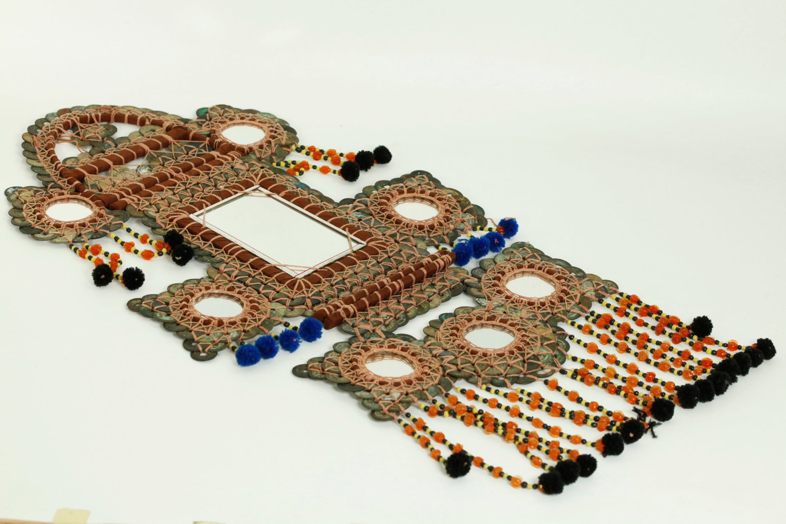 Chinese 8 Mirror Old Cash-Coin Framed Wall Hanging: Chinese 8 Mirror Old Cash-Coin Framed Wall Hanging with beads and wool pom-poms, the numerous old coins woven together with cord to surround each mirror held by brown fabric covered tape, with extra c