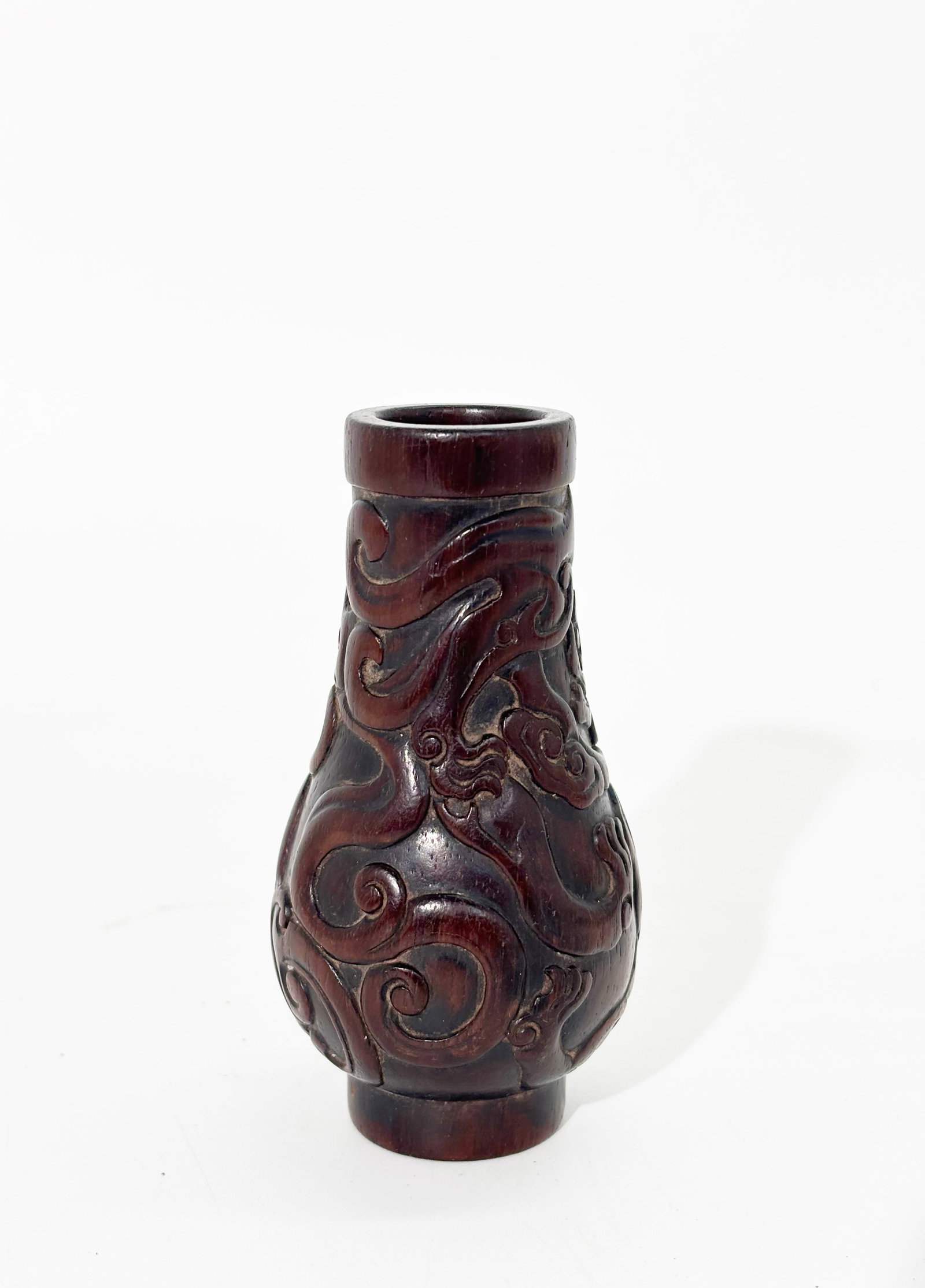 Rare Chinese Wood Chilong Carved Censer Tool Vase: Rare Chinese 18th/19th C Hard Wood, possibly huanghuali, Censer Tool Vase carved in polished relief with 2 Chilong Dragons scrolling around a Lingzhi branch,the base slightly recessed. Height 3 1/2 in