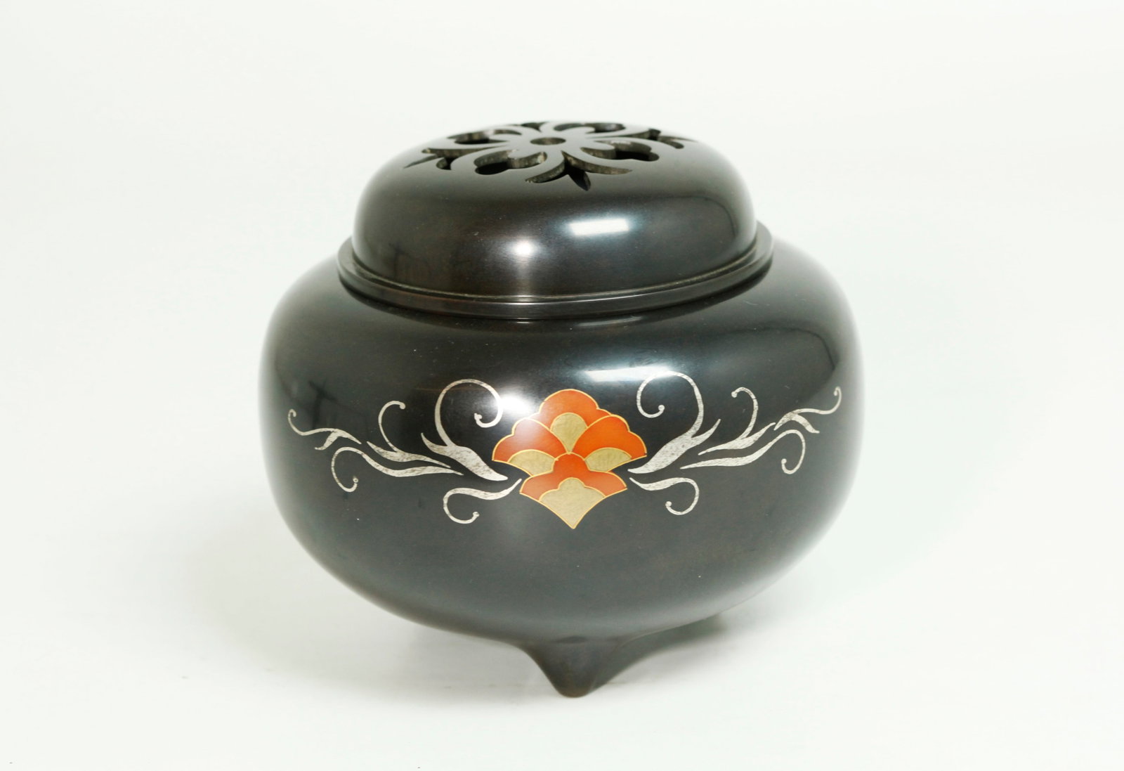 Tsurumine; Japanese Mixed Metal & Bronze Censer: Japanese Mixed Metal & Bronze Censer on 3 feet with "Tsurumine" mark between the feet, the front inlaid with gold, silver, copper & bronze with stylized flower and scrolling leaves and with a heavy pi