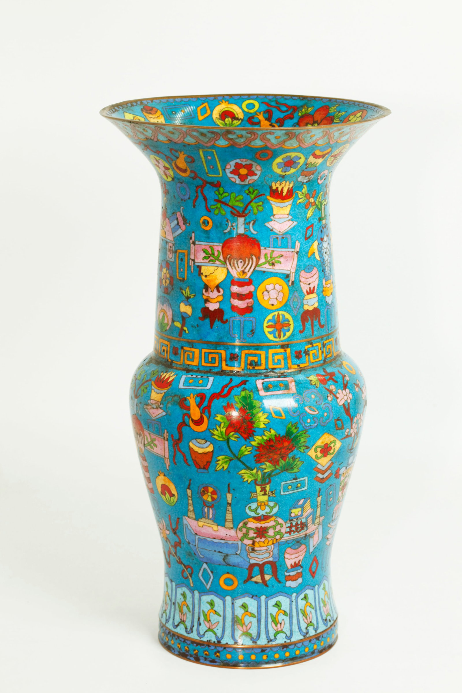 Lg Chinese "100" Antiques Bronze & Cloisonne Vase: Large Chinese Qing Dynasty gilt bronze and cloisonne Vase in a colored "100" Antiques & Auspicious Objects design on turquoise ground. Height 16 1/2 inches X diameter at mouth 8 5/8 inches.