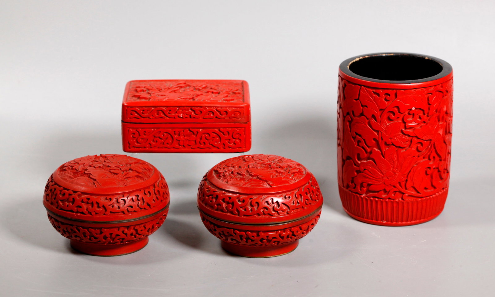 Chinese Red Cinnabar Lacquers 3 Boxes 1 Brush Pot (1 of 9)
