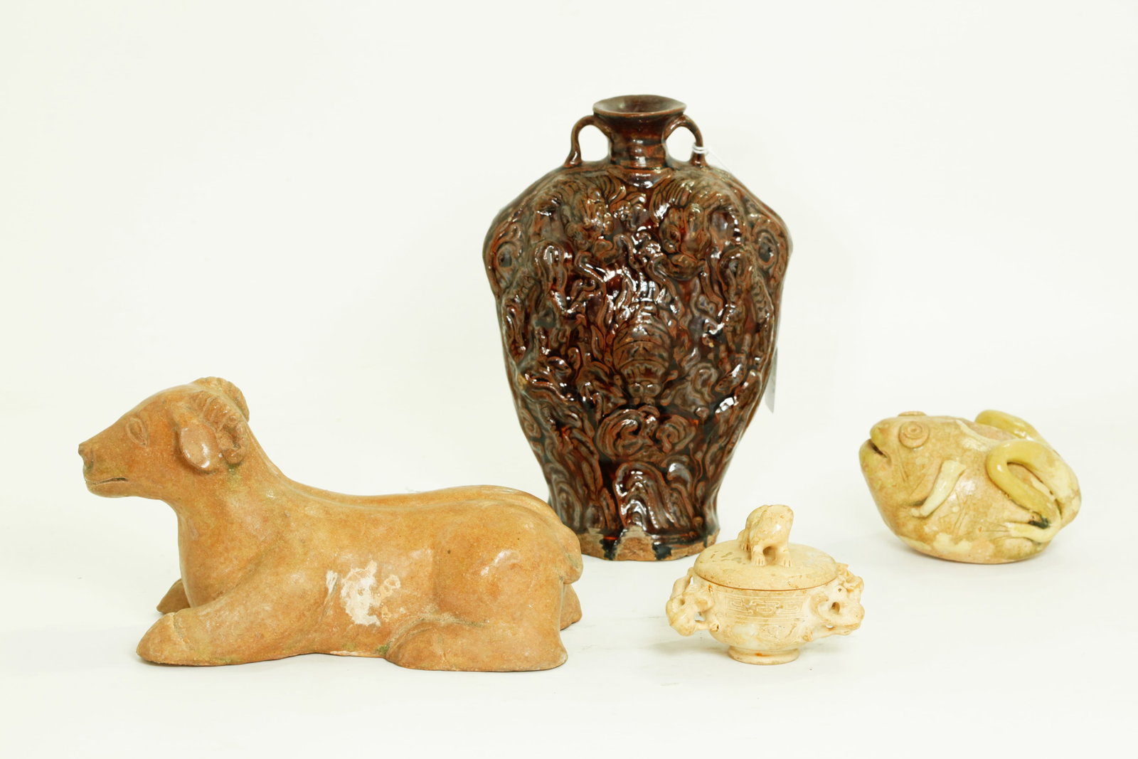 2 Chinese Archaistic Animals 1 Hard Stone, Cizhou: Chinese Ming Dynasty Brown Glazed Cizhou Ware Flask shaped Vase with 2 handles to flared mouth, molded to the flattened sides with 2 bold confronting Dragons with the 3 Jewels of Buddhism between. Hei