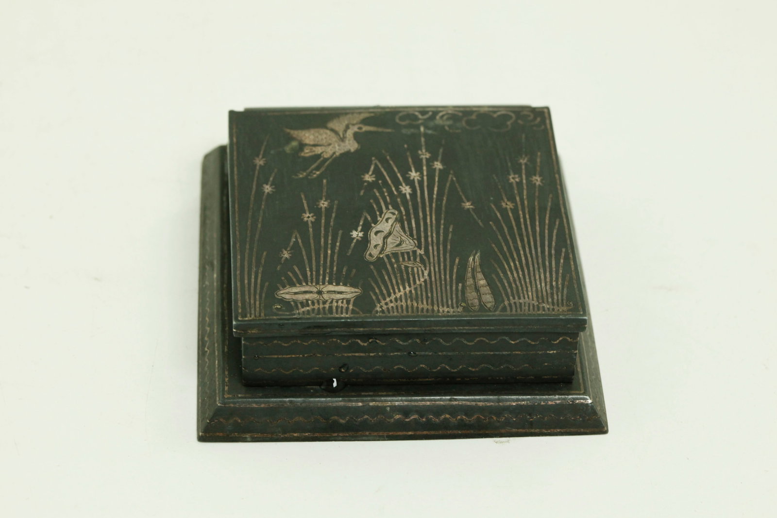 Chinese Silver Inlay Blackened Metal Hinged Box (1 of 7)