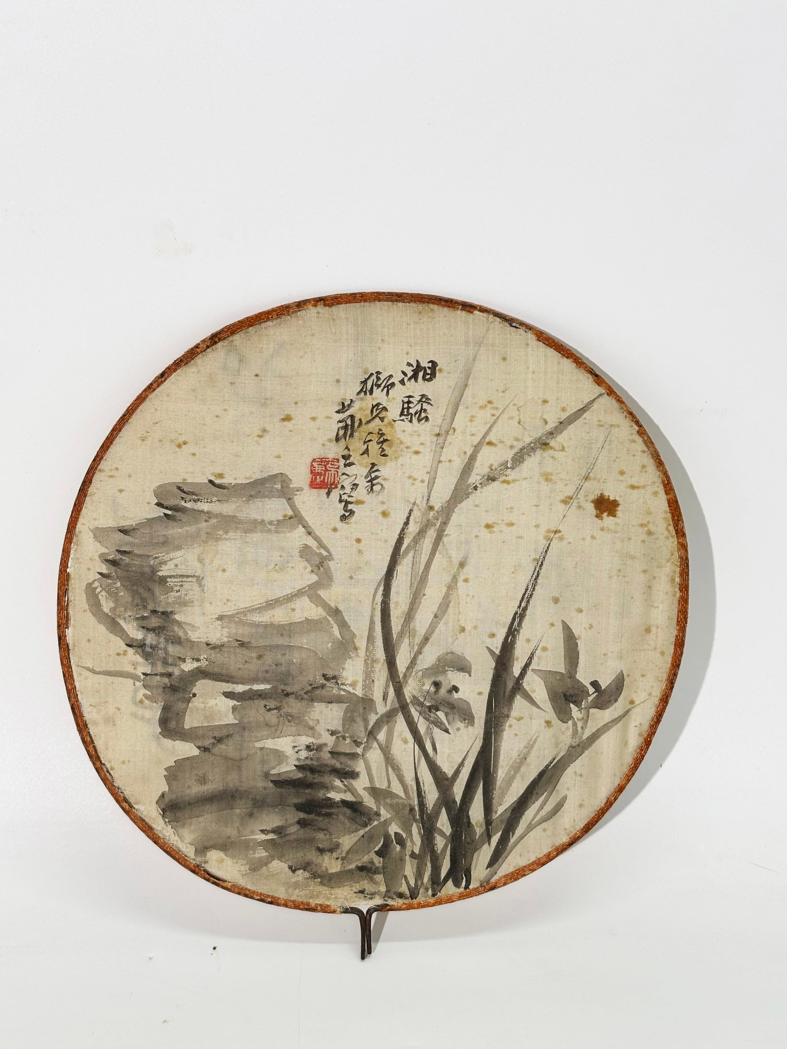 Chinese Qing Silk Moon Fan Ink Garden Rock Orchid (1 of 4)