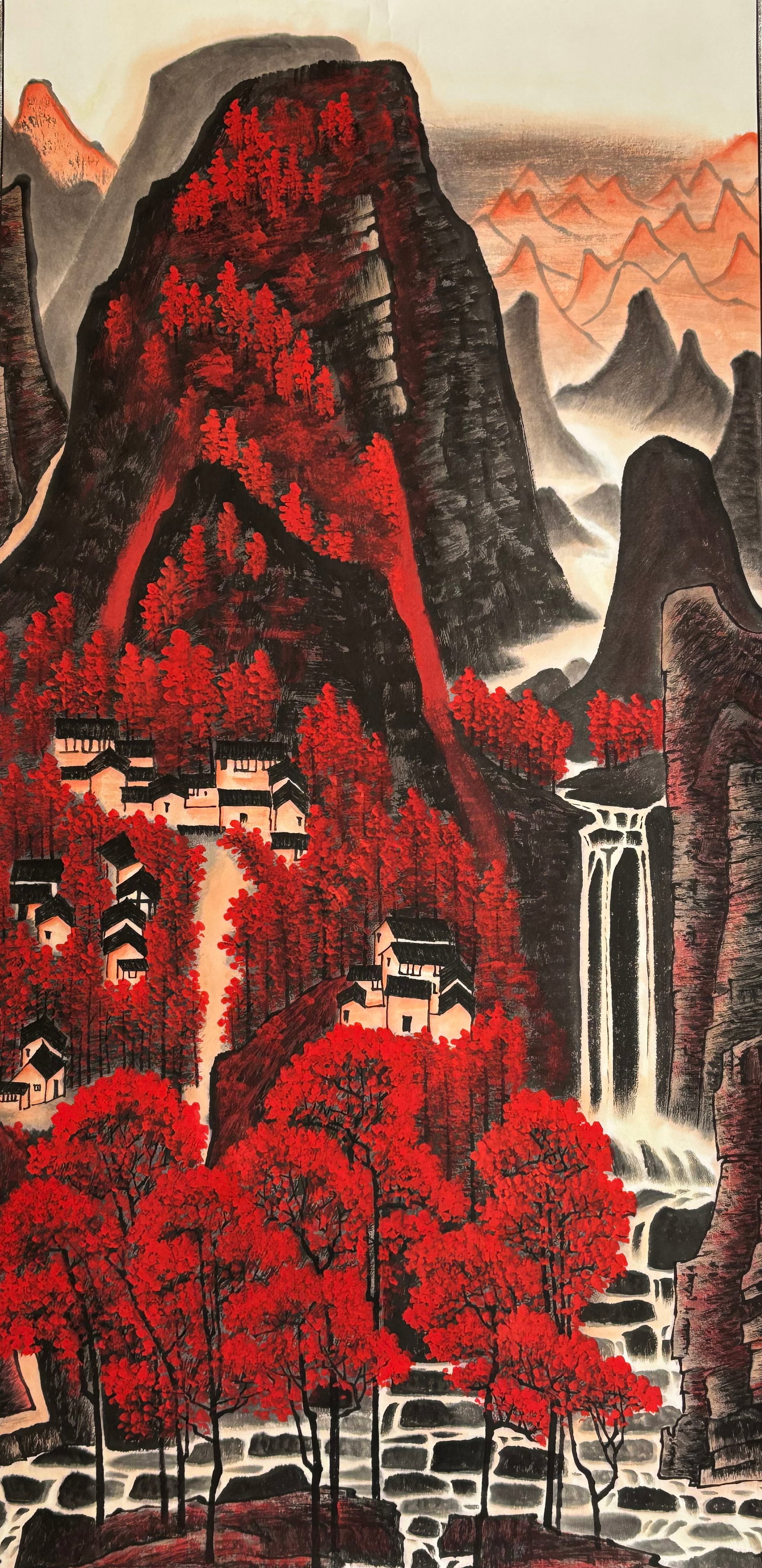 Chinese Ink & Color Painting Mountain Village: Chinese Ink & Color Painting on paper, Mountain Village; mounted to fabric covered paper borders. Height of art 38 1/2 inches X width 18 7/8 inches. PROVENANCE: From a Hong Kong Collector, 1973.