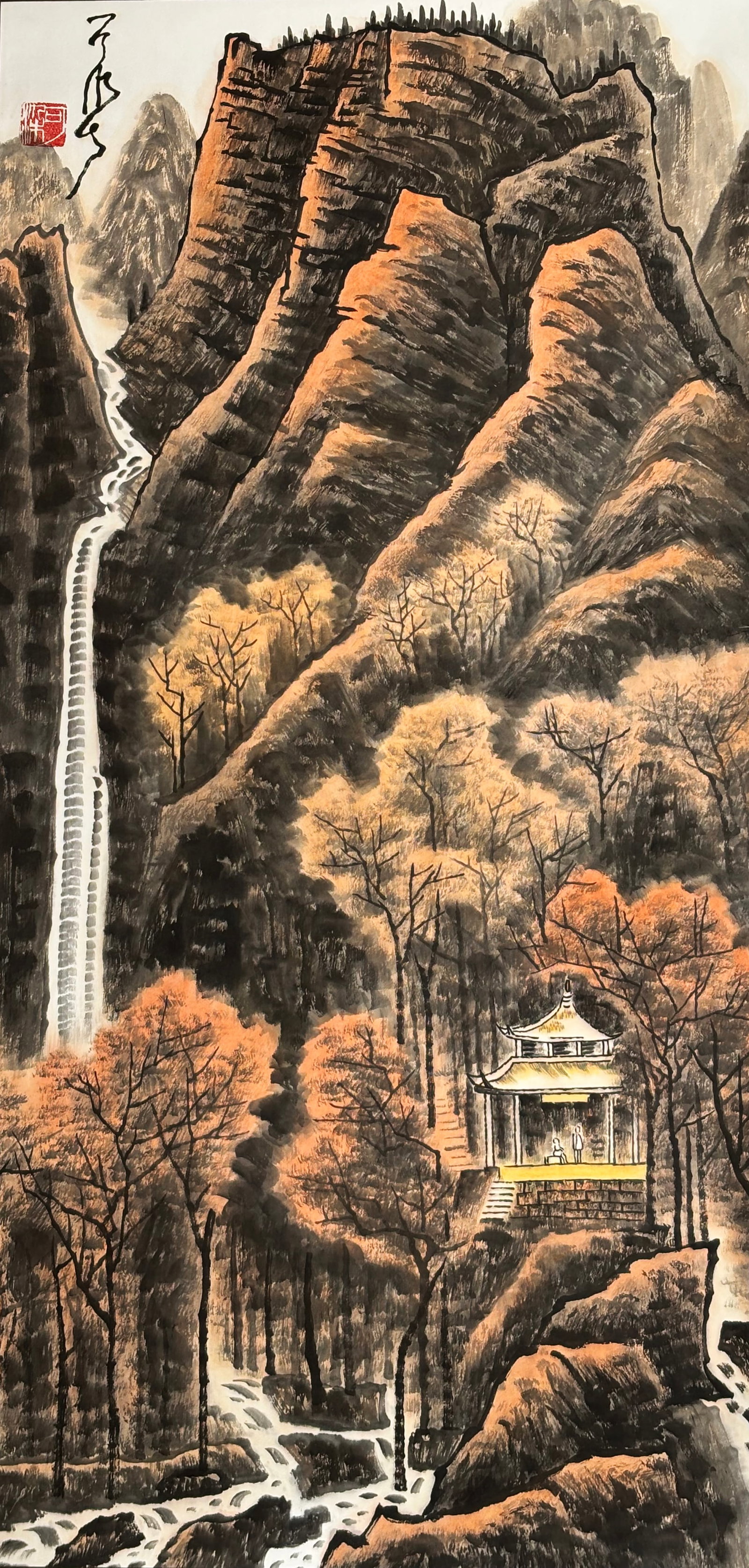 Attributed to Li Keran Painting Waterfall View: Attributed to Li Keran; Painting on paper in ink and color of a Waterfall viewing Pavilion with figures, inscription and 1 red seal; mounted to fabric covered paper borders. Height of art 38 inches X 