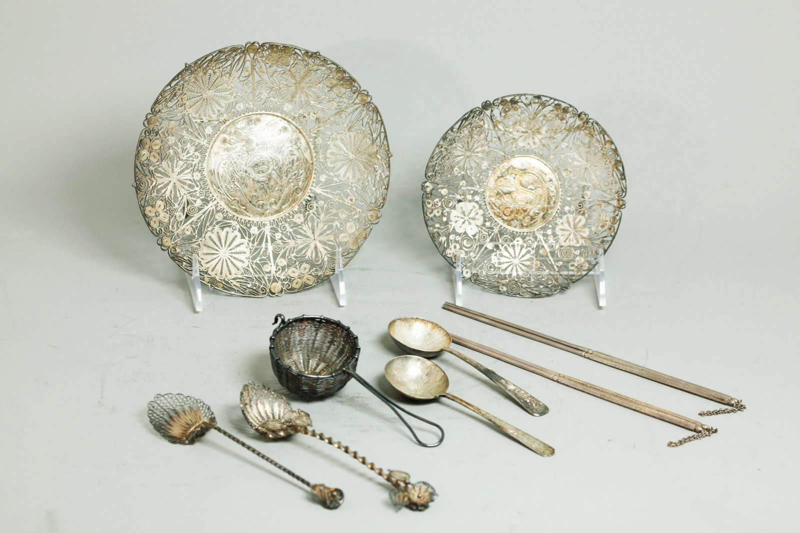 9 Chinese Solid Silver & Wire Tablewares, 416G (1 of 9)