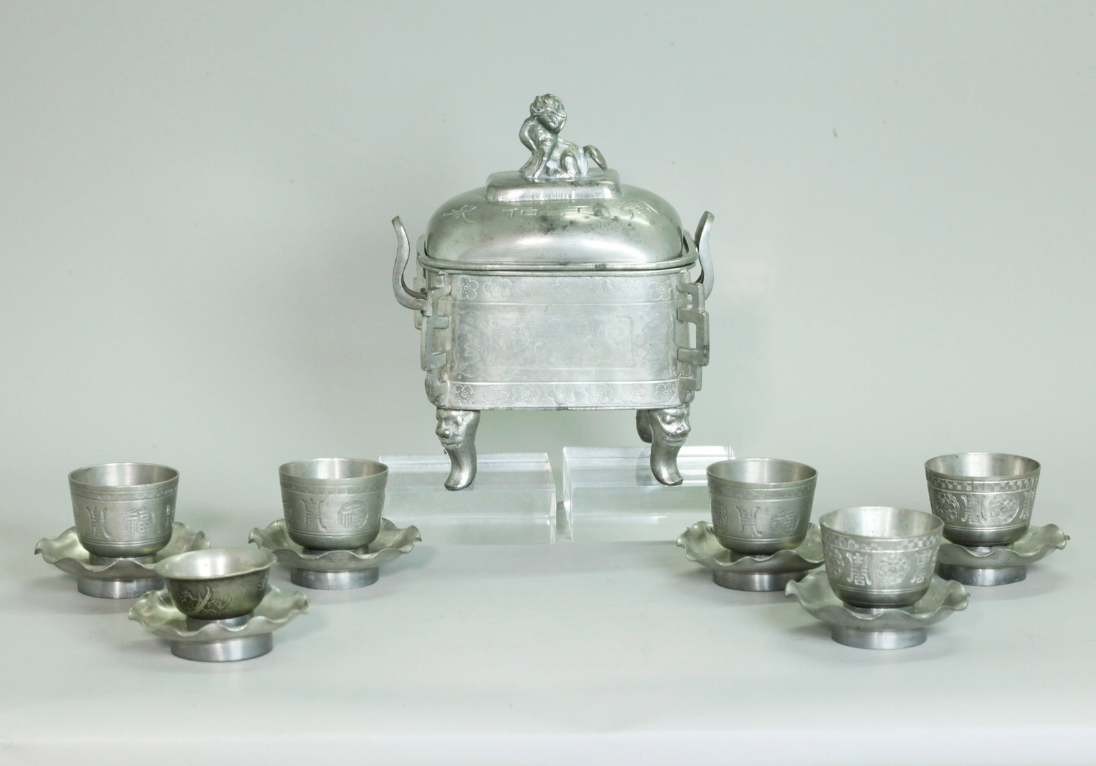 Chinese Pewter 3-Part Warming Bowl 6 Cups 6 Stands (1 of 13)